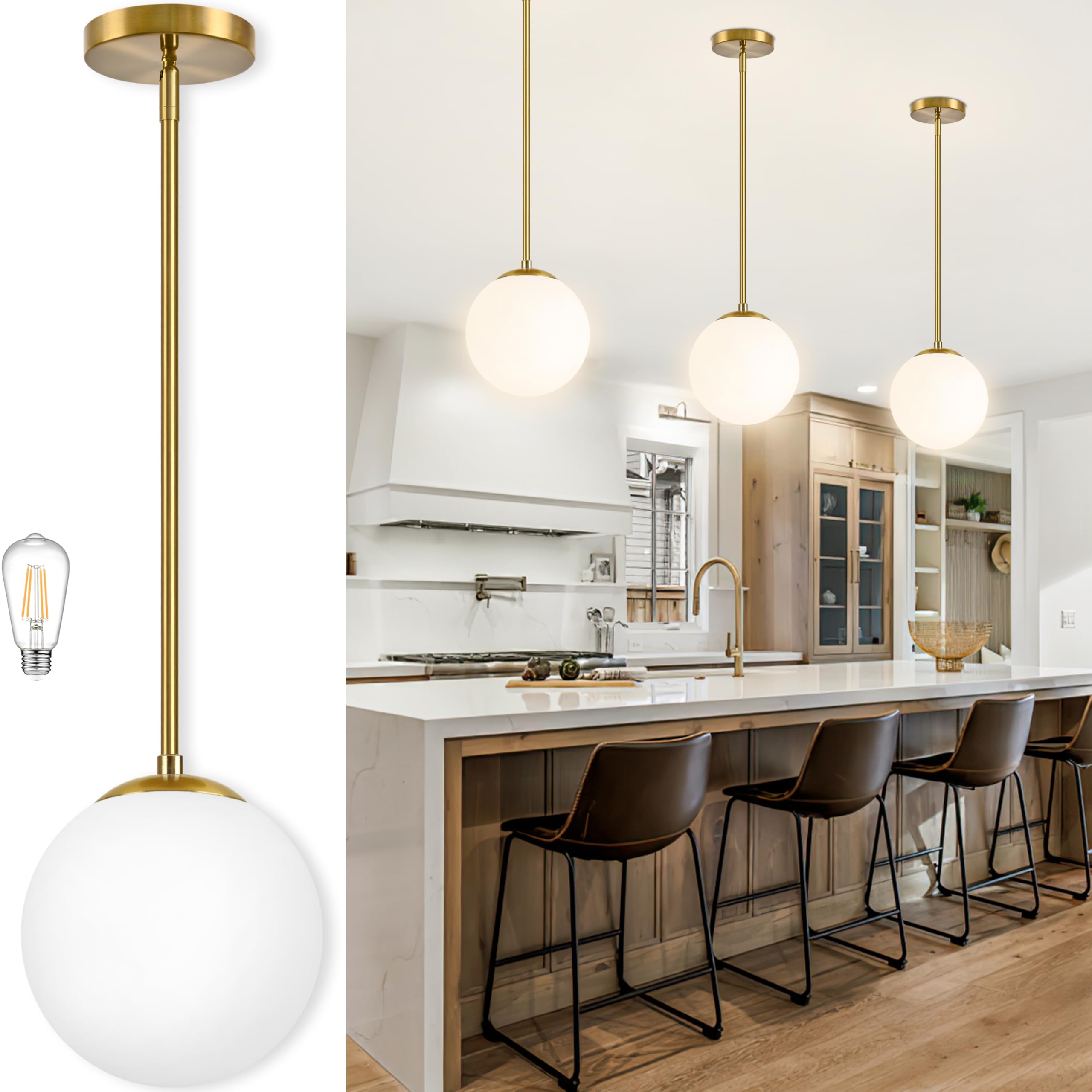 10 inch globe pendant light gold mid century pendant light contemporary globe pendant lights adjustable hanging light fixture milk glass with brass finish for dining room kitchen island