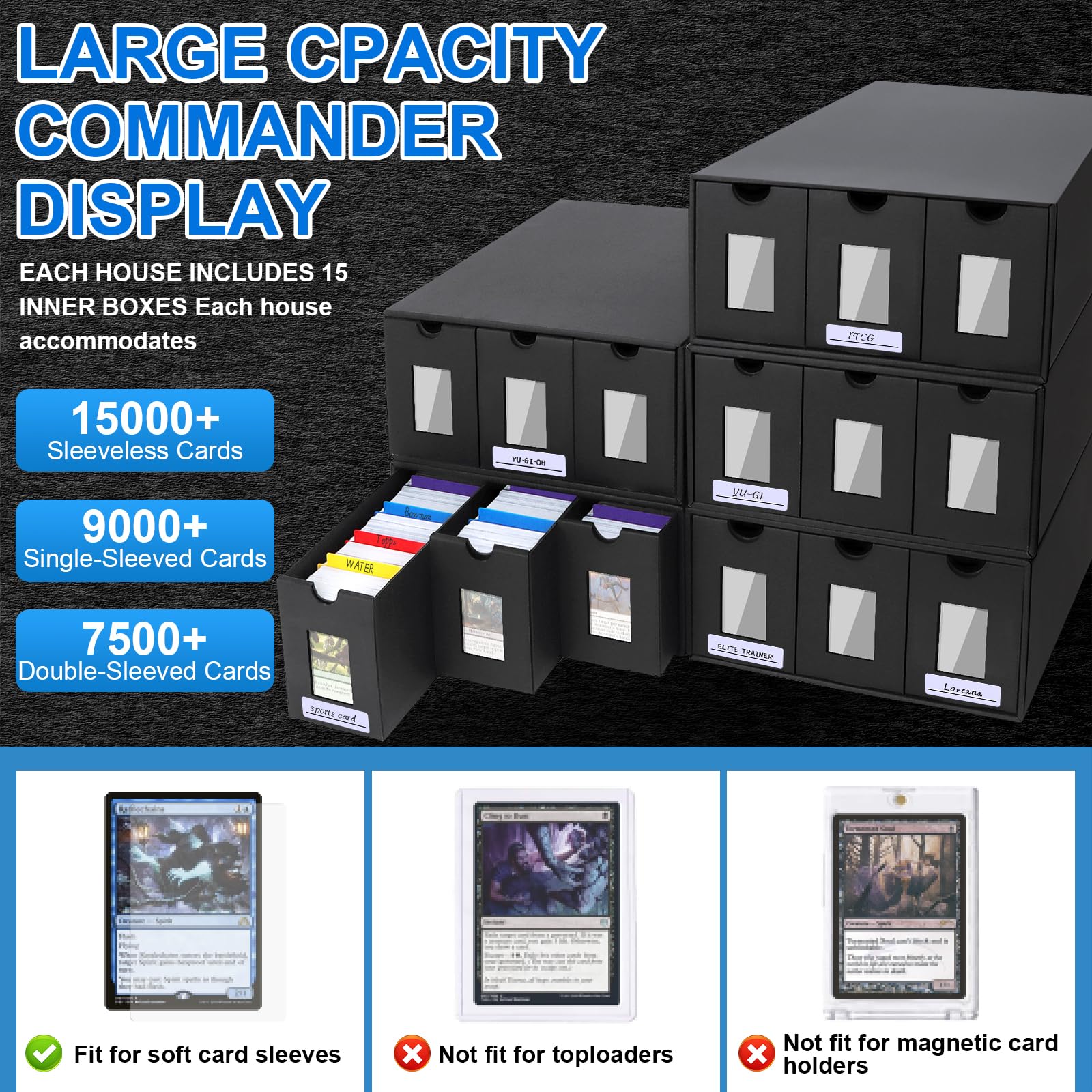 ATPWONZ Trading Card Storage Box,15000+ Cards Deck Box for MTG Commander, Trading Cards Organizer with 48 Card Dividers, Labels & Tapes, Visible Card Deck Boxes for MTG TCG PTCG Sport Cards