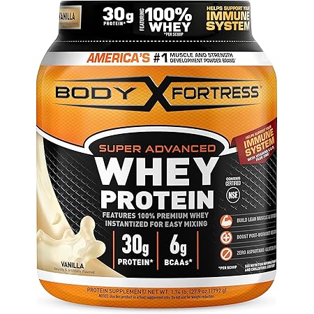Body Fortress Super Advanced Whey Protein Powder, Vanilla, Immune Support (1), Vitamins C & D Plus Zinc, 1.74 lbs