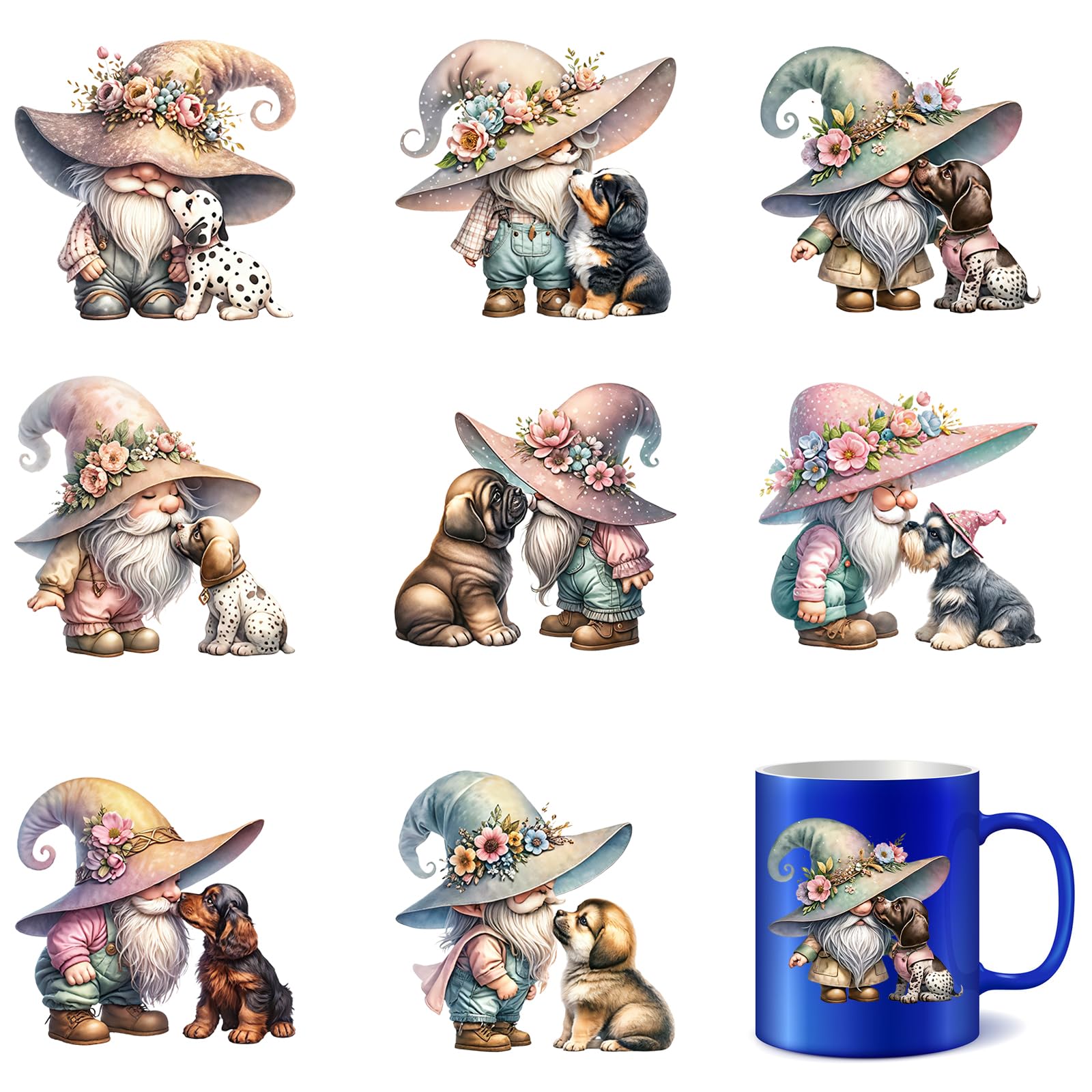 Yqtwlkjic Multicolor 8Pcs Kissing Puppy Gnomes Uv Dtf Cup Wraps Transfer Waterproof Sticker For Glass Cups Furniture Craft Diy Crafts，Rub On Transfer Stickers For Diy Water Bottle Laptop Decal Wood Car