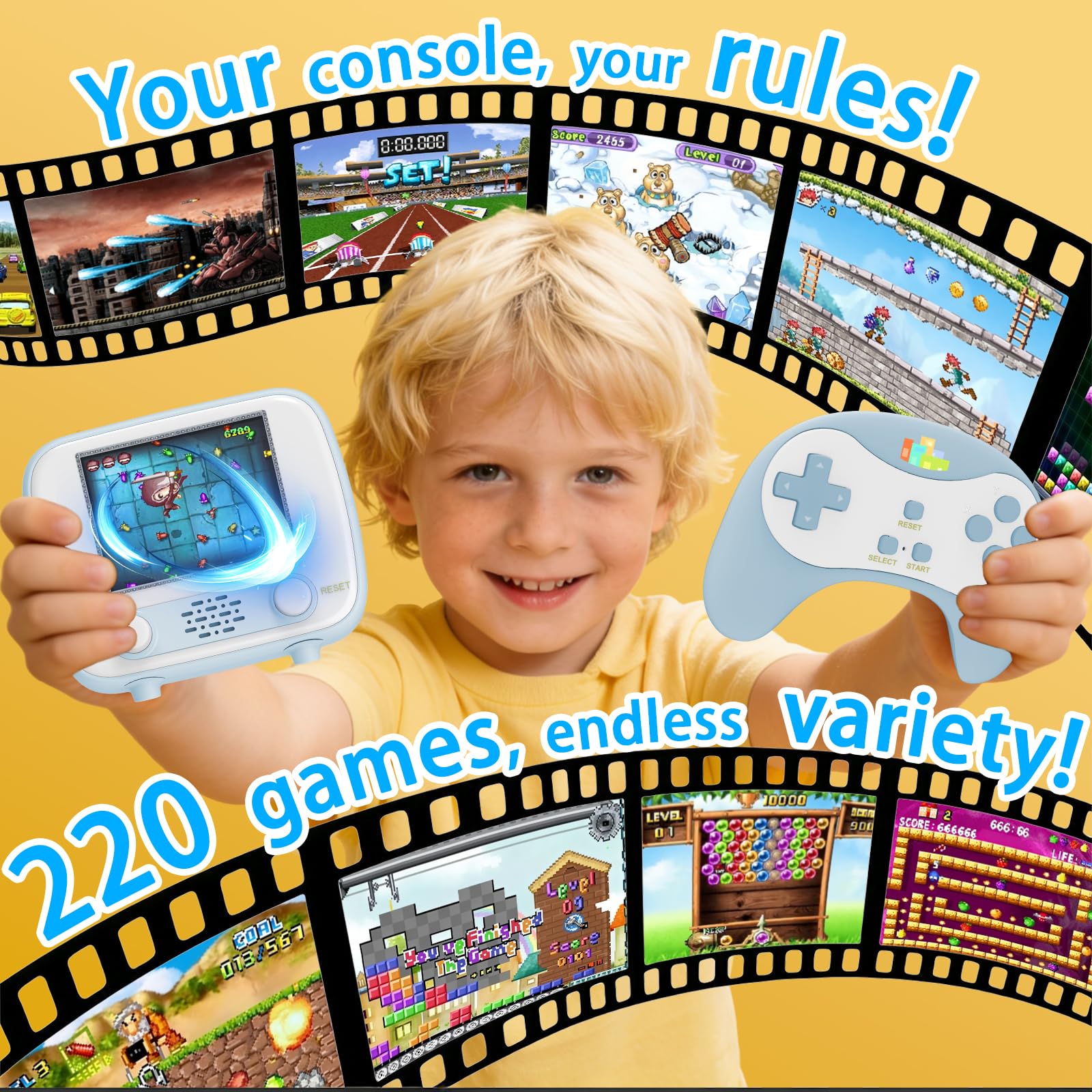 Handheld Game Console, Retro Mini Game Console avec écran 2,8 Pouces, 220 Classic Games intégrés, Jouet de Jeu Portable Rechargeable, sans Wi-FI nécessaire, Cadeau pour garçons et Filles, Bleu