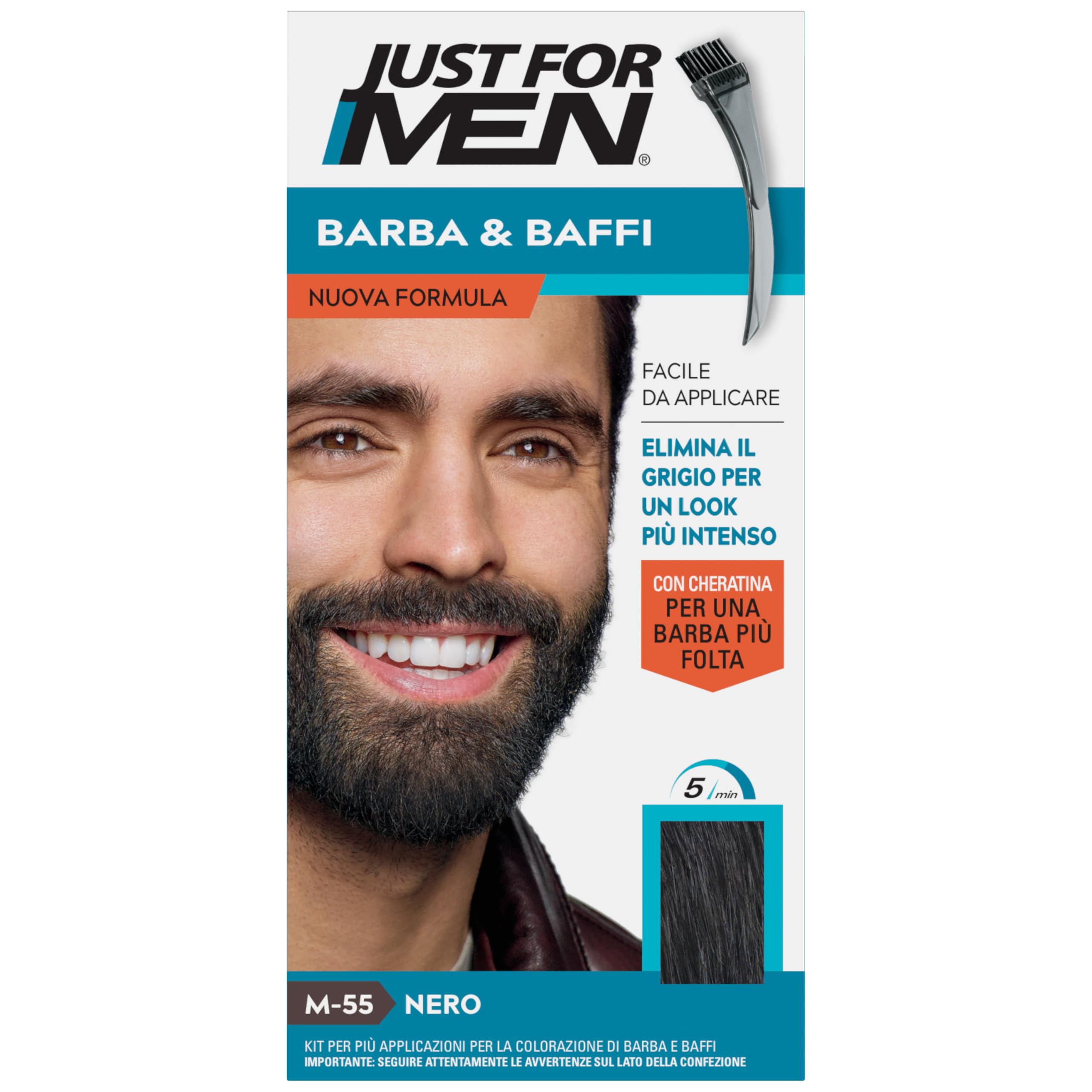 Just For Men Barba & Baffi, Tinta Per Uomo Con Cheratina, Per Una Barba Più Folta, Tintura Senza Ammoniaca, Elimina I Peli Grigi, Con Pettine Applicatore, Colore Nero, M55