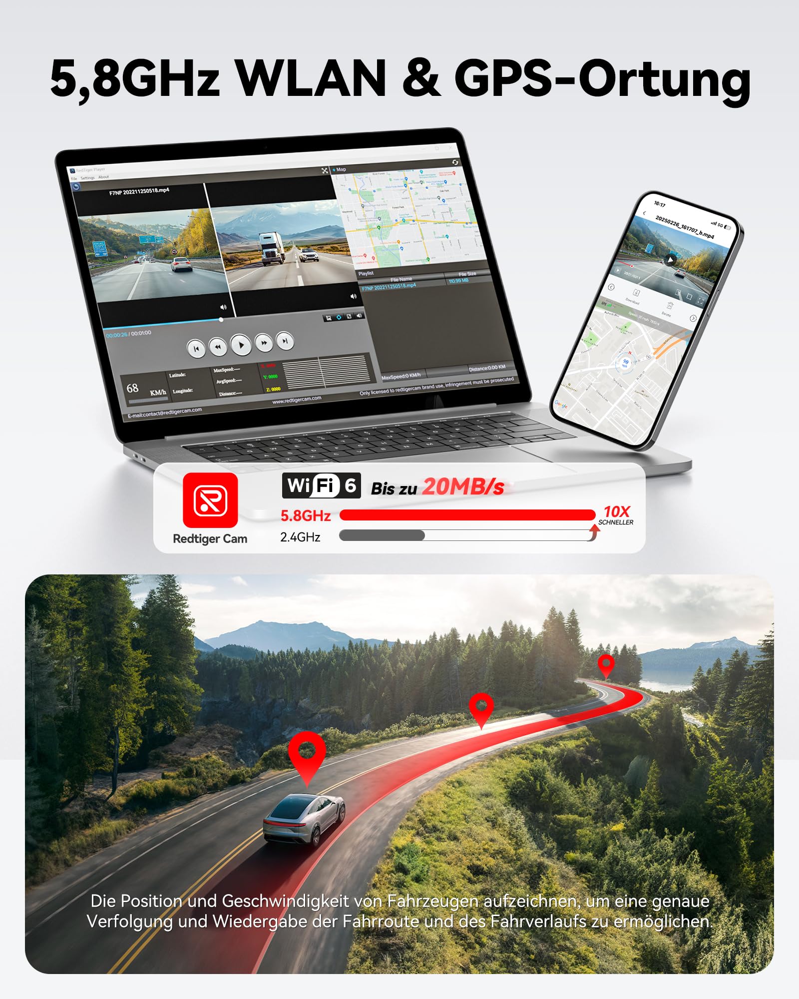REDTIGER Dashcam Auto Vorne Hinten 4K/2,5K mit STARVIS 2, Dash Cam Auto Kamera 3,18" IPS-Bildschirm, kostenlose 128-GB-Karte,5.8GHz WiFi, GPS, 170°Weitwinkel WDR, Unterstützt 512 GB Max(F7NP)