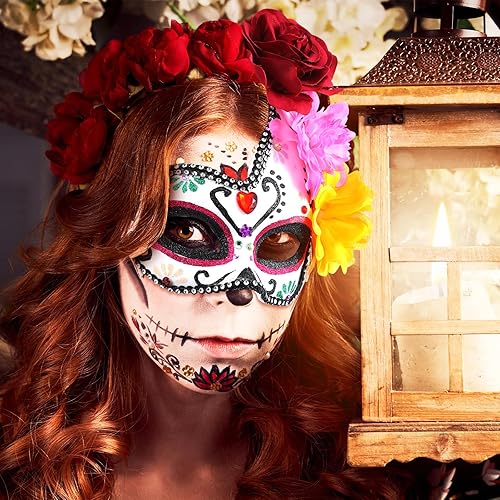 Miniatura 3 de Leyndo 4 piezas Día de los Muertos Azúcar Medio Calavera Máscara de Ojos Máscara Mexicana Mascarada Máscaras Halloween Cosplay Fancy Dress