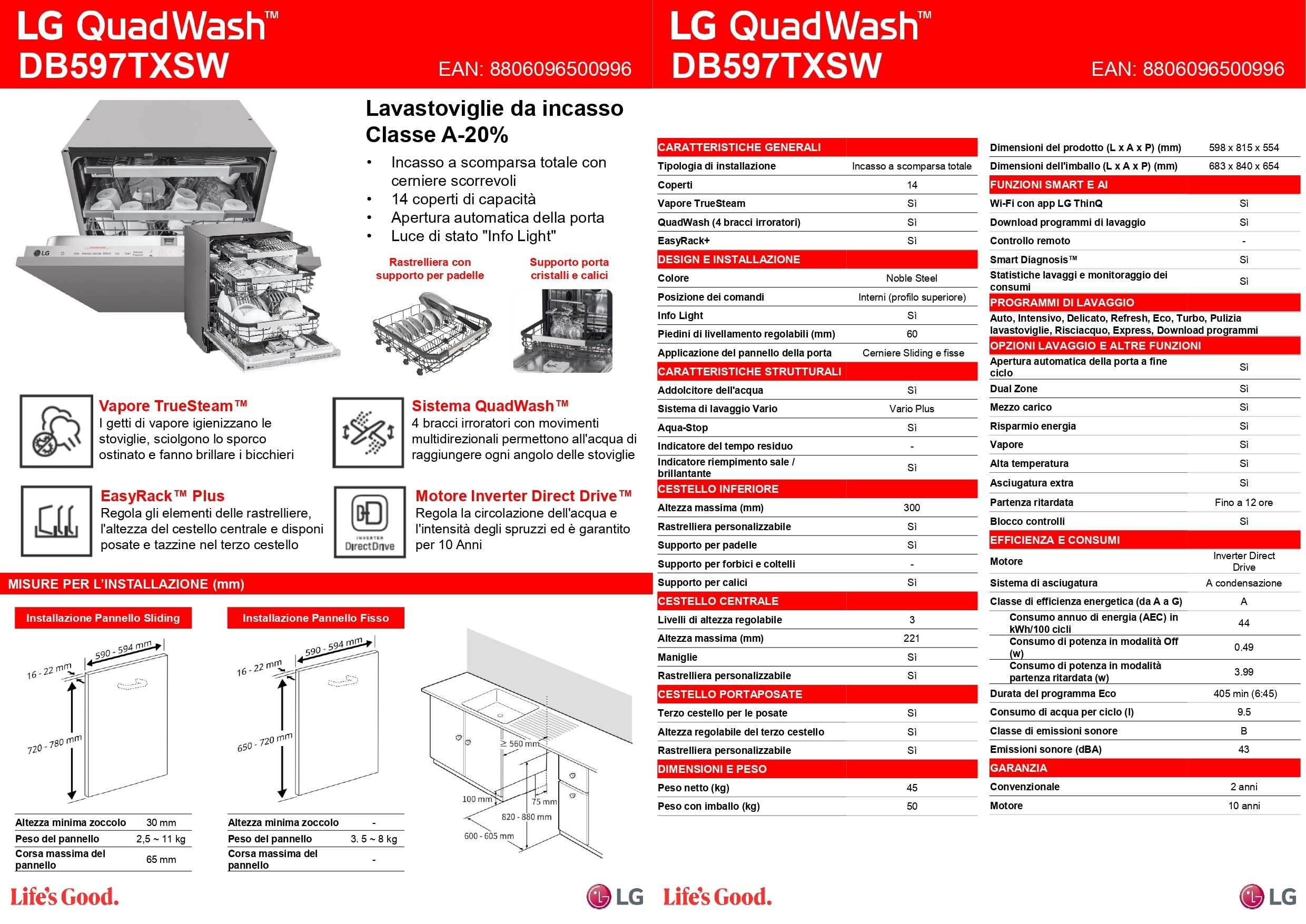 LG DB597TXSW, Lavastoviglie da incasso, Classe A, Noble Steel