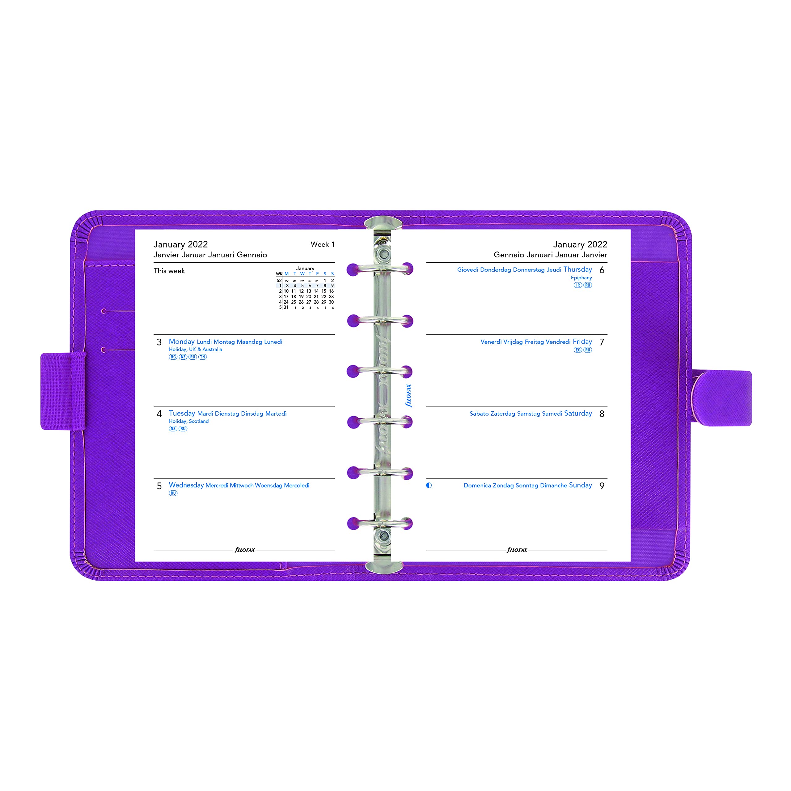 Filofax Saffiano Organizer Taschenformat Himbeere - Cross-Grain, Lederoptik, Sechs Ringe, Wochenansicht, Kalender 2022 (C022452-22)
