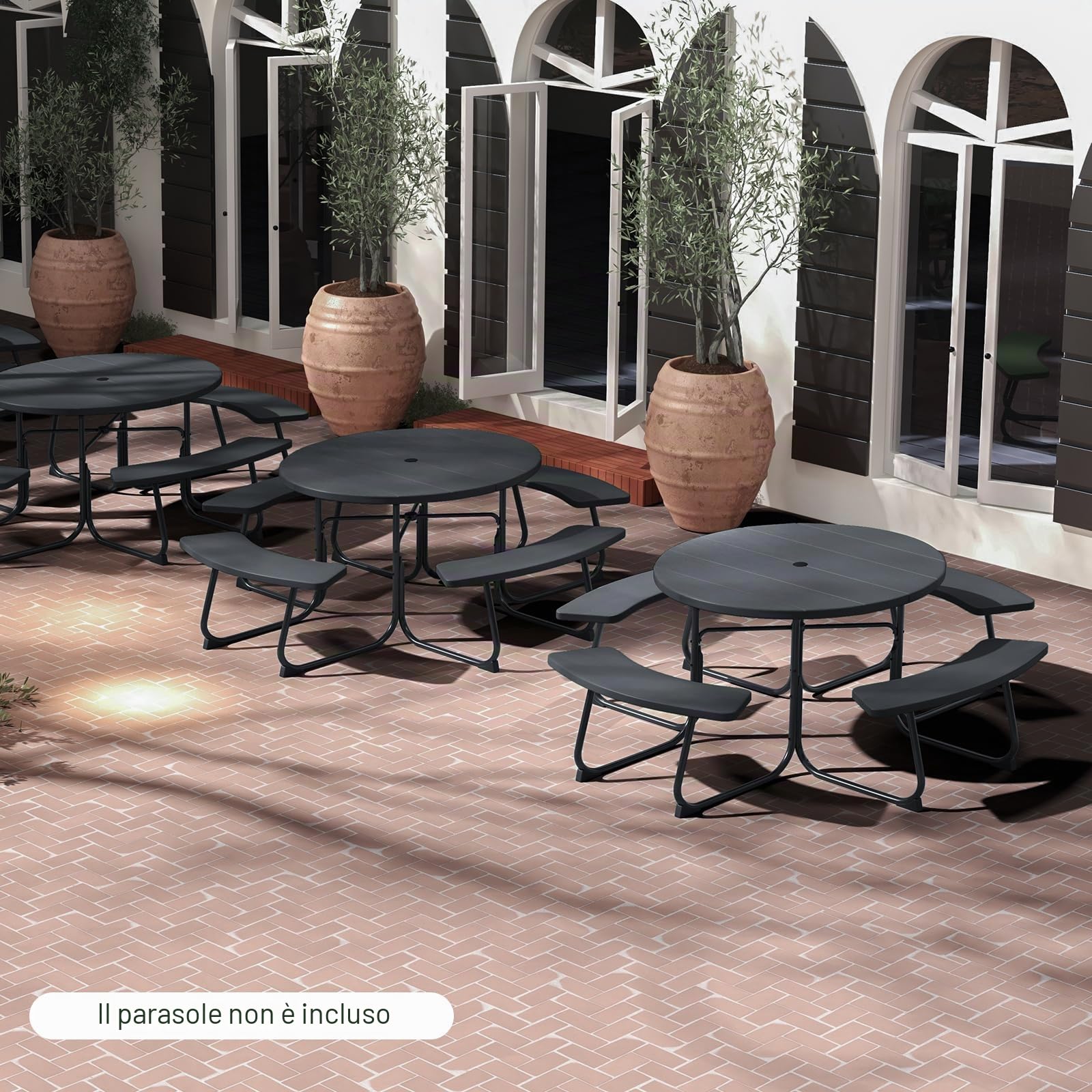 GIANTEX Set da Giardino e Picnic per 8 Persone, Tavolo Rotondo con 4 Panche Integrate, Tavolo da Birra in HDPE Impermeabile con Foro per Ombrellone, Arredamento da Esterno per Giardino e Terrazzo