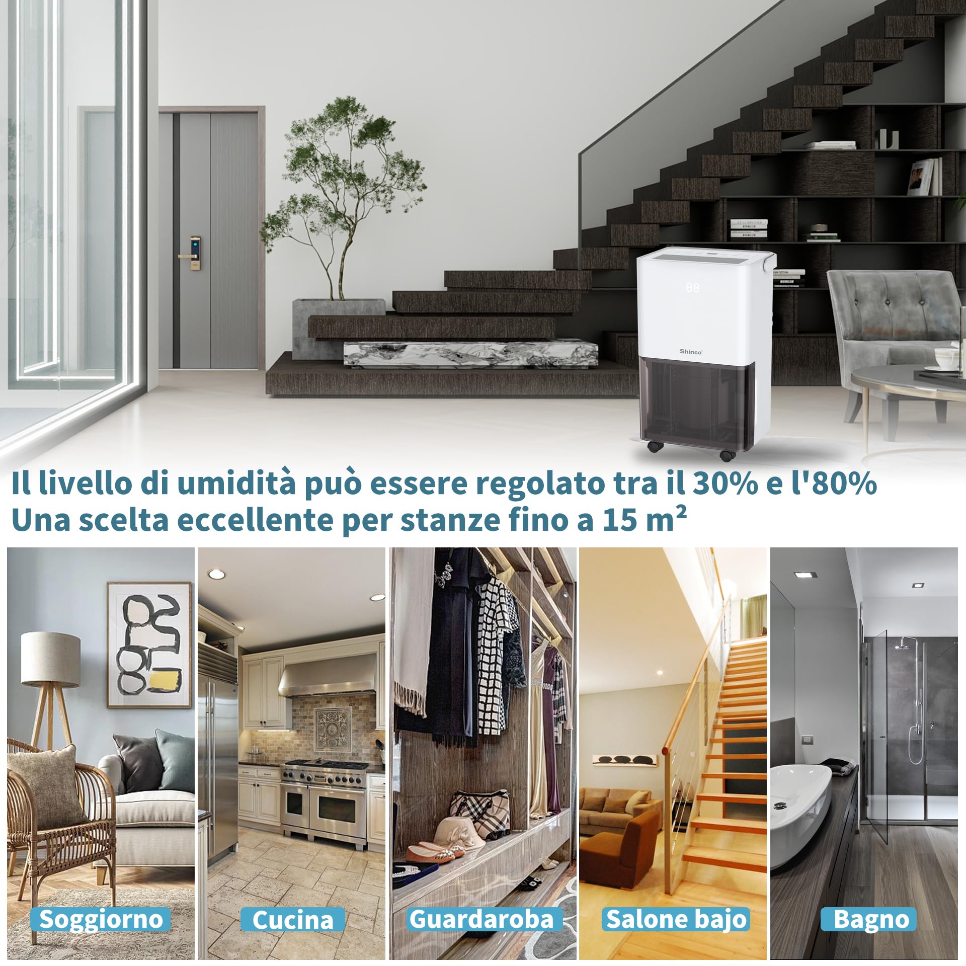 SHINCO Deumidificatore d'aria Silenzioso 10L/Giorno, Per Max 15㎡, Funzione di Deumidificazione, Purificazione, Asciugatura Biancheria, Timer 24 ore, Serbatoio dell'acqua Trasparente