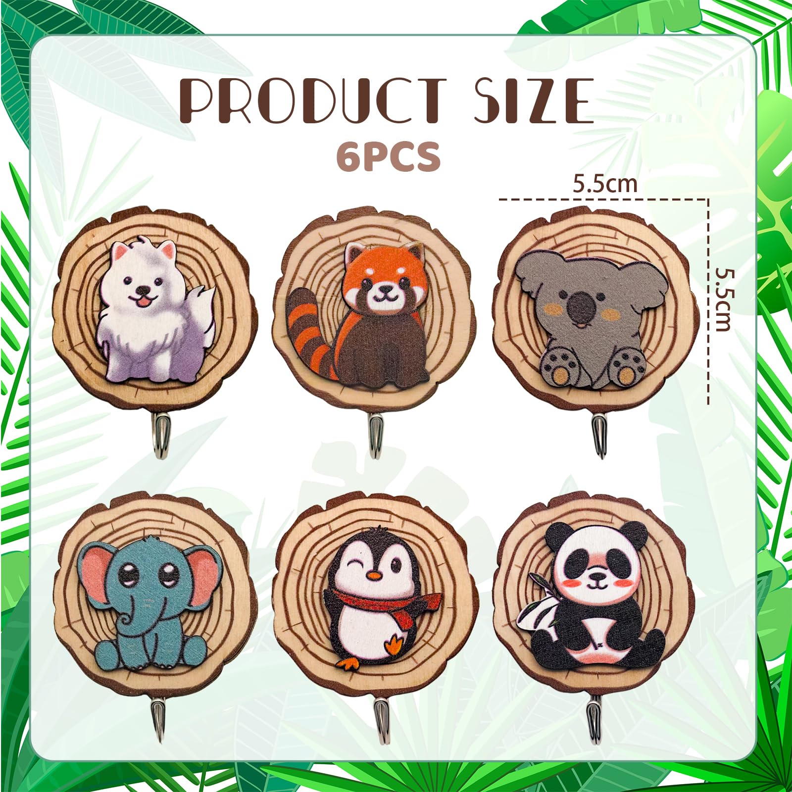 Kotkiddy® 6 Ganci Autoadesivi a Forma di Animale in Legno per Bambini