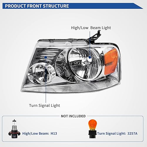 Miniatura 3 de oEdRo Reemplazo del conjunto de faros delanteros para Ford F15006-08 Lincoln Mark LT 2004-2008 con reflector ámbar, carcasa cromada, lente
