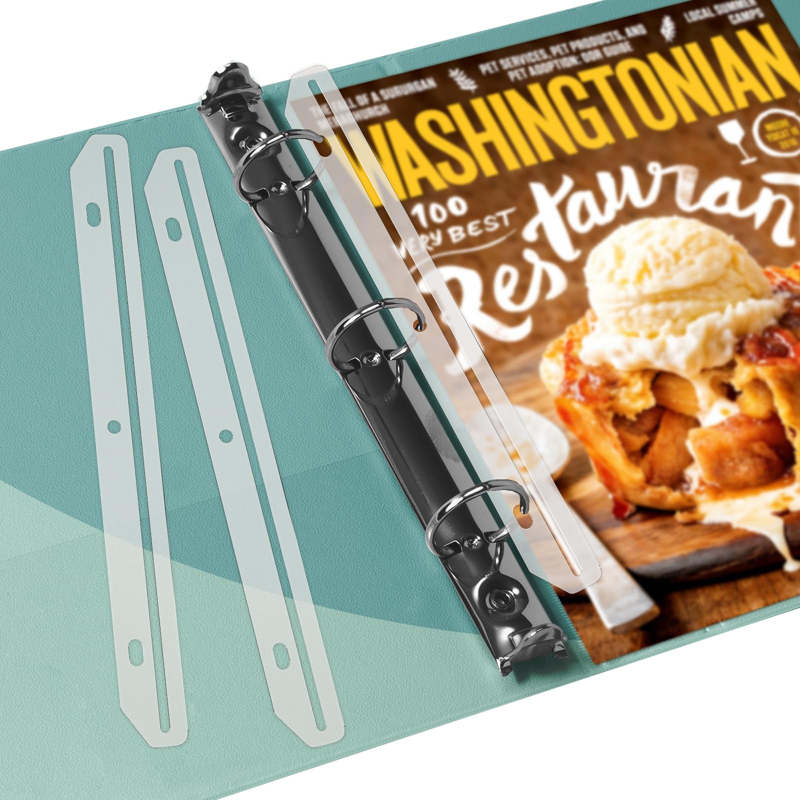 FdcLixuvol 40 Pcs 3 Hole Punched Magazine Holders, Magazine Binder Magazine Organizer 3 Ring Binder Insert Strips for Magazine Storage Craft Paper File Book, Translucent White