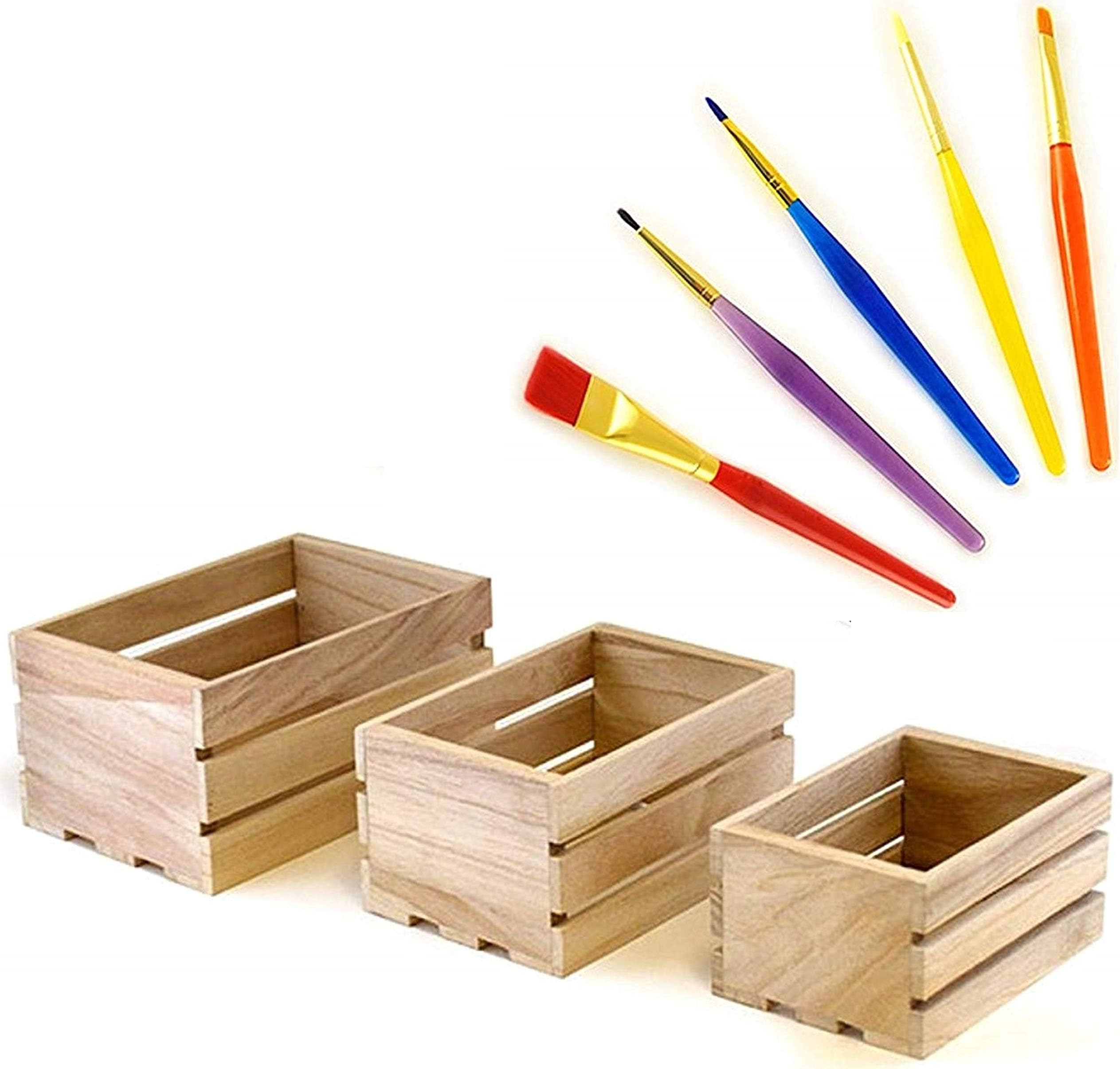 Set of 3 Small Wood crates with 5 Piece Paint Brush Set