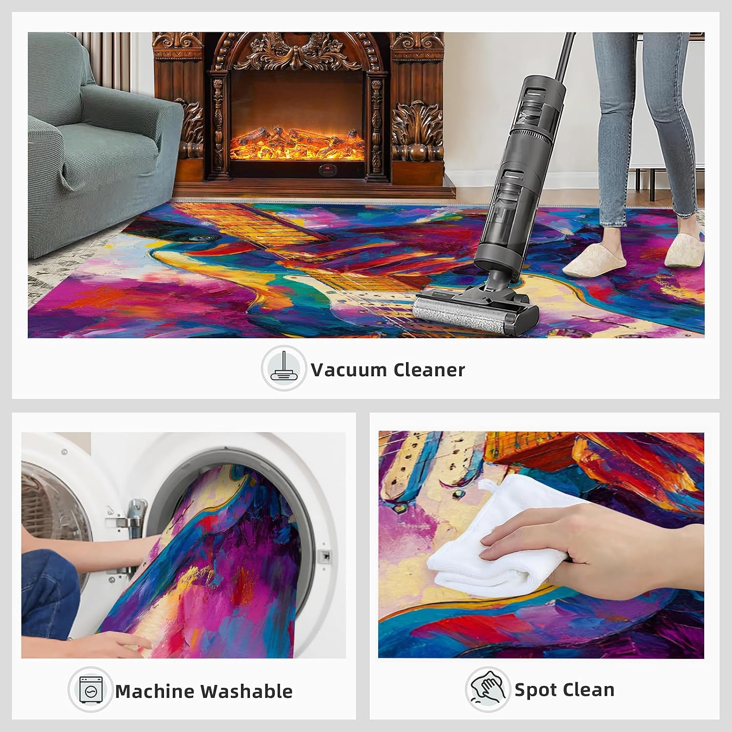 Guitar Rug Small - 2x3 Rug, Music Washable Rugs for Living Room, Graffiti Art Carpet, Oil Painting Non-Slip Area Rugs for Bedroom, Passion Rock Carpet, Guitar Home Decor