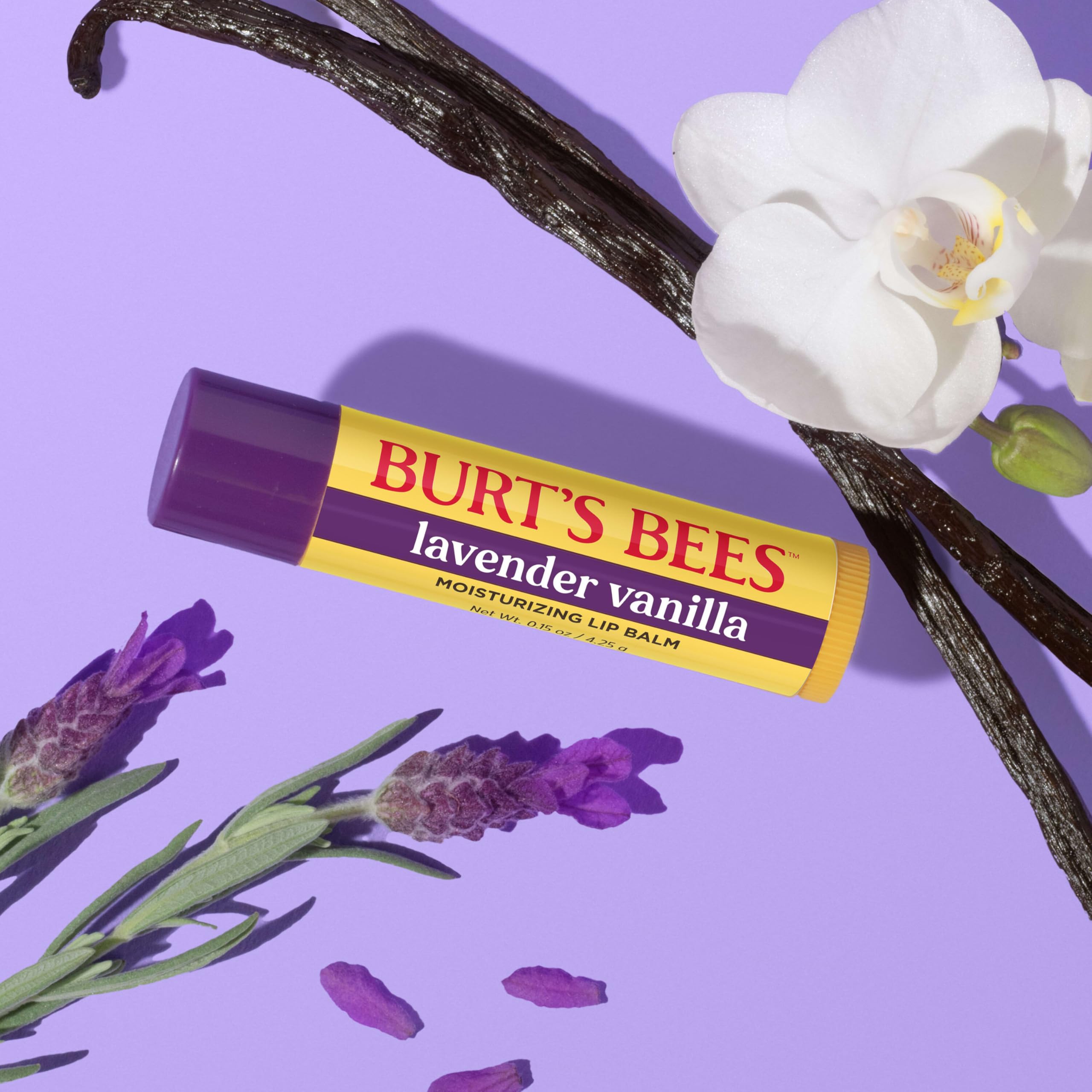 Burt’s Bees Lavender Vanilla Moisturizing Lip Balm, Flavorful Lip Balm Provides 12 Hour Moisture, 100% Natural Origin, Responsibly Sourced Beeswax, 0.15 Ounce Tube