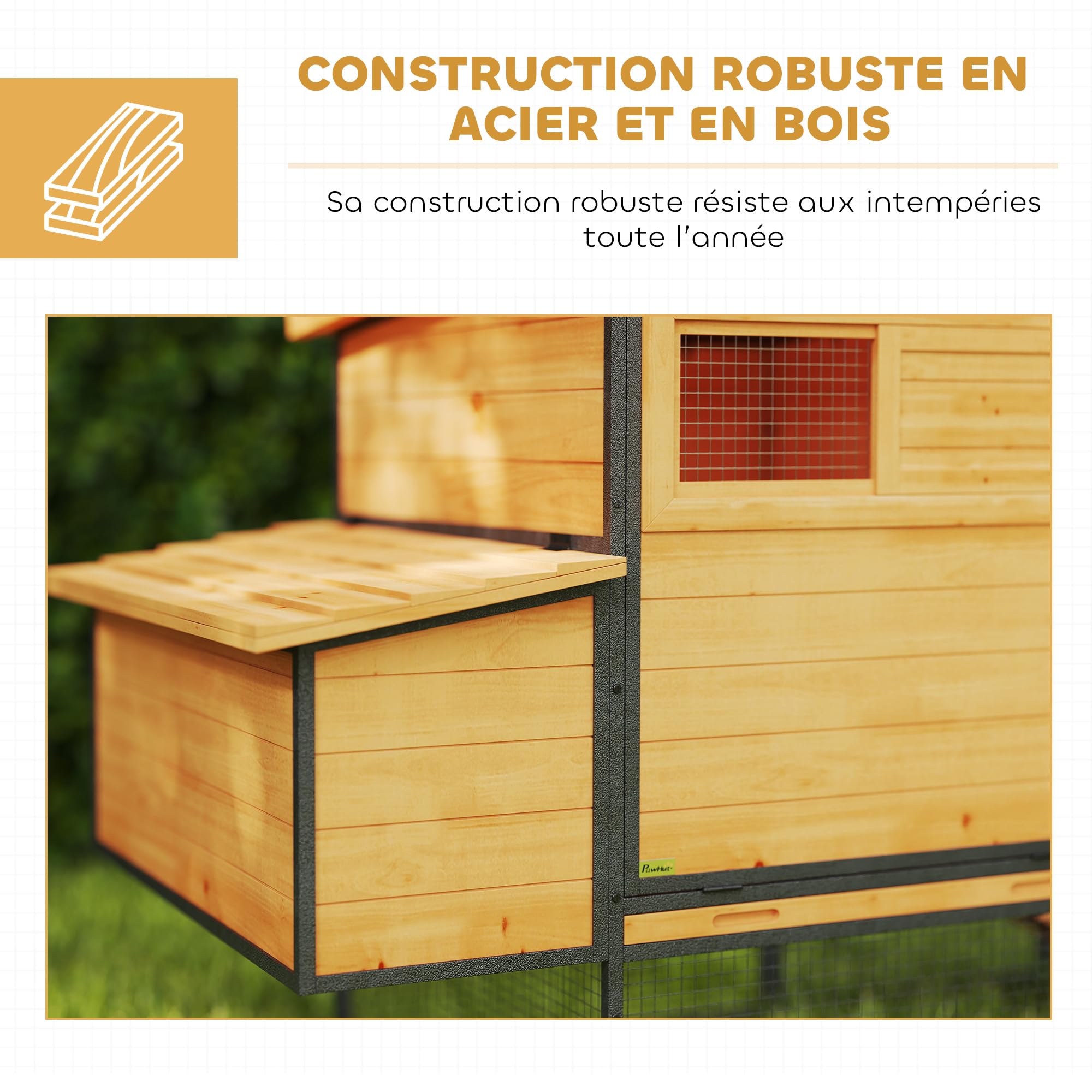 PawHut Poulailler XXL Bois 3-5 Poules Grand Enclos 192x81,5x104cm Orange