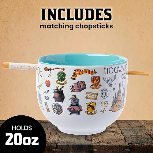 Miniatura 138 de Silver Buffalo - Cuenco con palillos para arroz, fideos o ramen, de cerámica, modelo Hogwarts Railways con escudo, de Harry Potter, apto