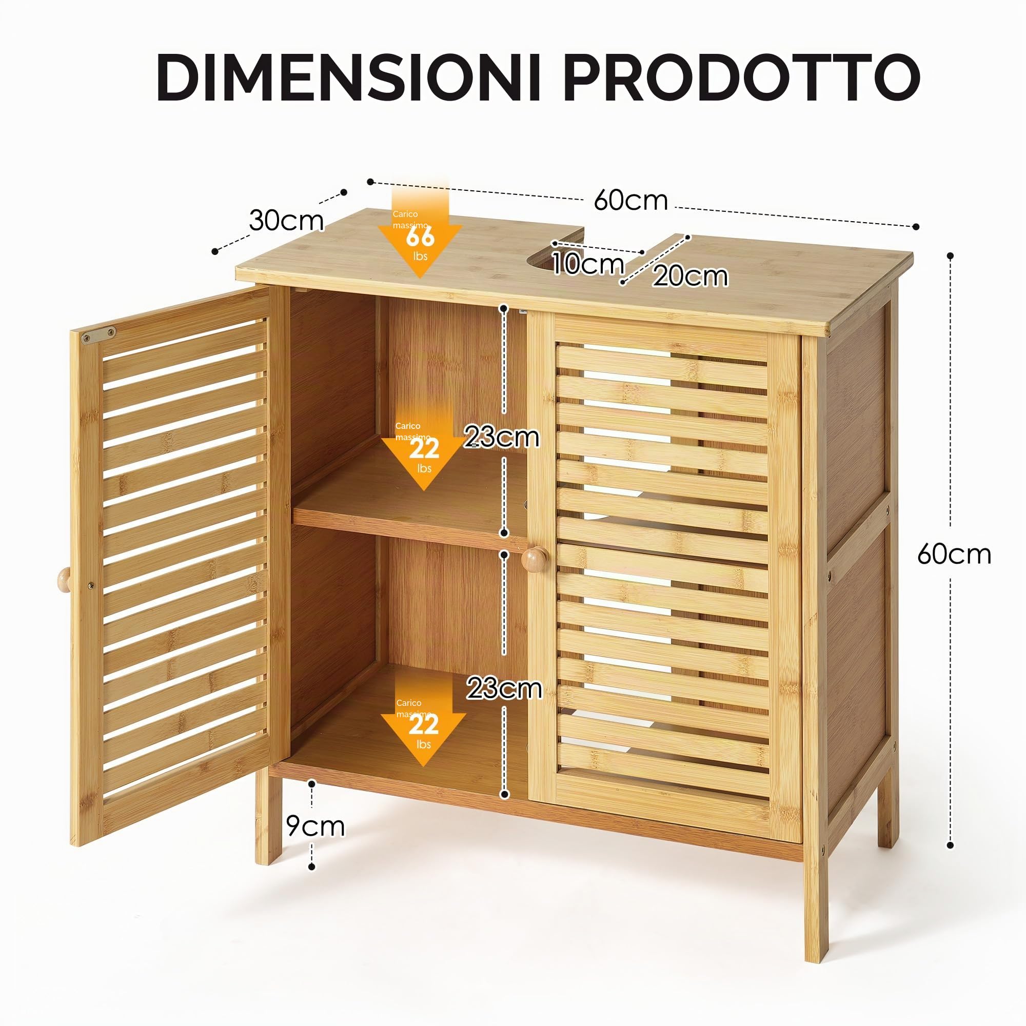 SogesPower Mobile lavabo in bambù, mobiletto lavabo con ante e ripiani, mobiletto per lavandino, mobiletto bagno in bambù