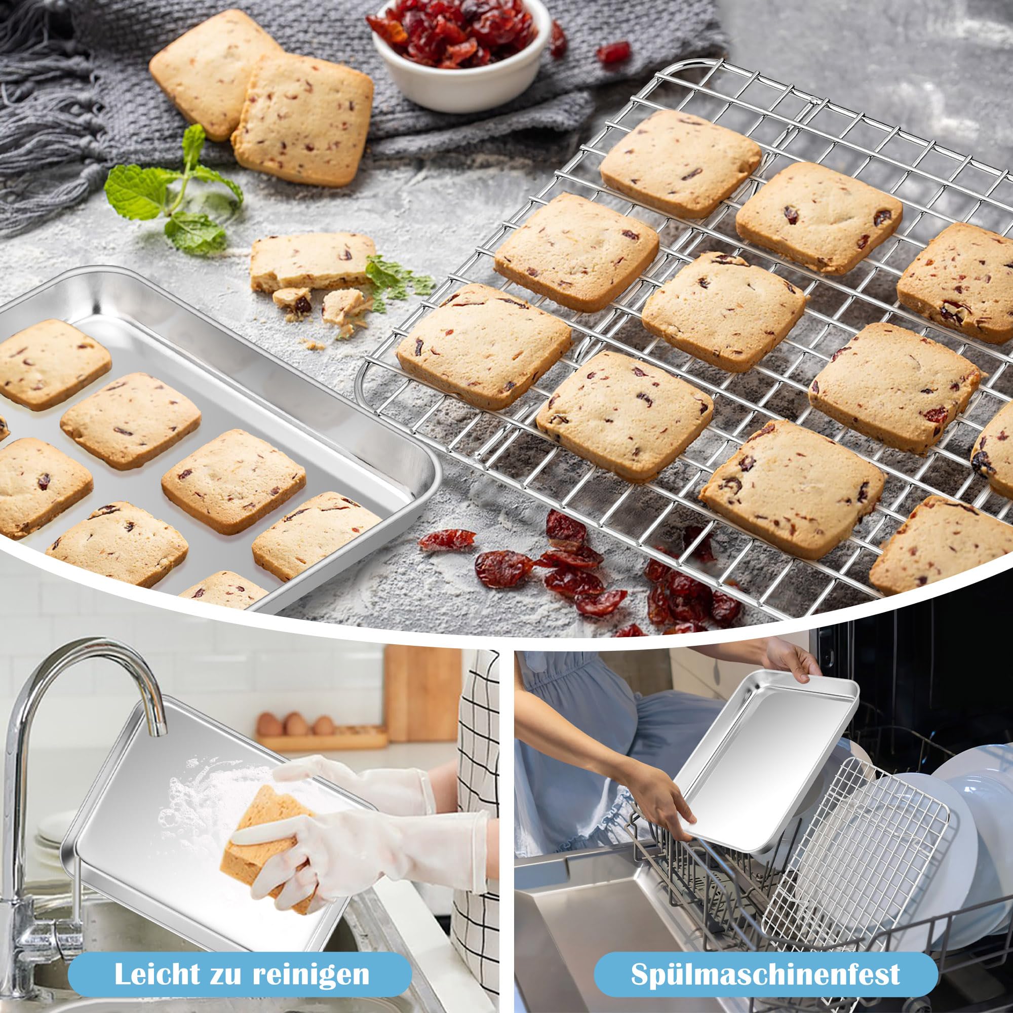 HaWare Teglia da forno con griglia di raffreddamento, in acciaio inox, piccola teglia da forno con griglia di raffreddamento, 26,4 x 20,5 x 2,5 cm, rettangolare, con griglia per torte, lavabile in