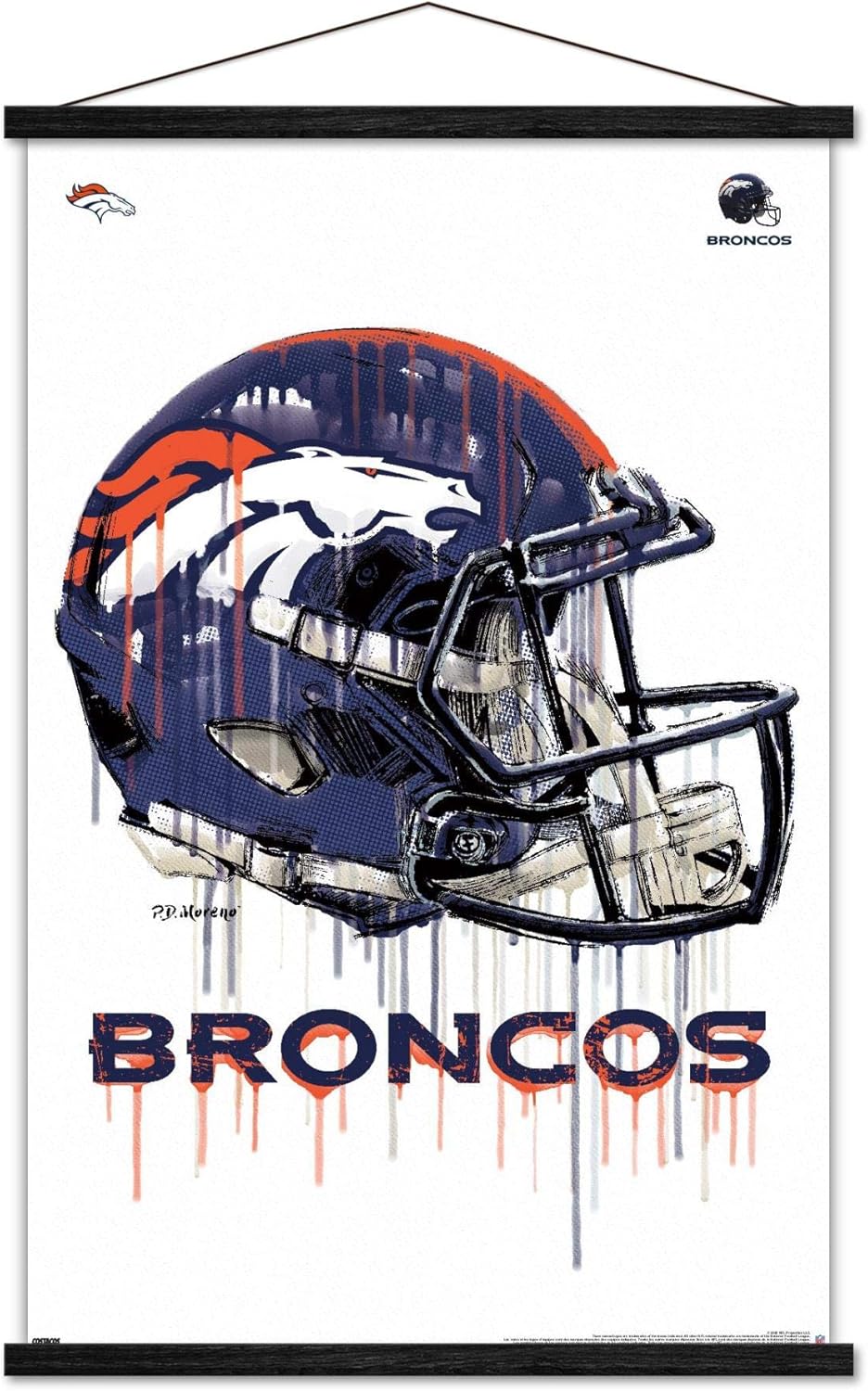 Trends International NFL Denver Broncos-Drip Helmet 20 Wall Poster with Wooden Magnetic Frame, 22.375" x 34", Print and Black Hanger Bundle