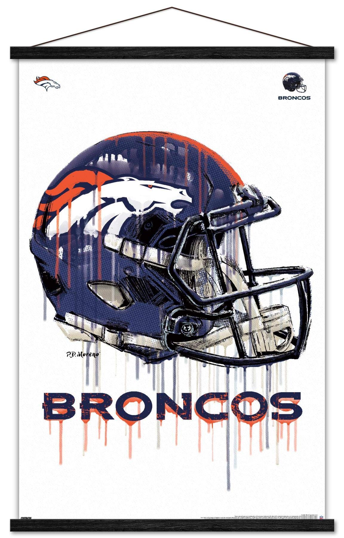 NFL Denver Broncos-Drip Helmet 20 Wall Poster with Wooden Magnetic Frame, 22.375" x 34", Premium Print and Black Hanger Bundle