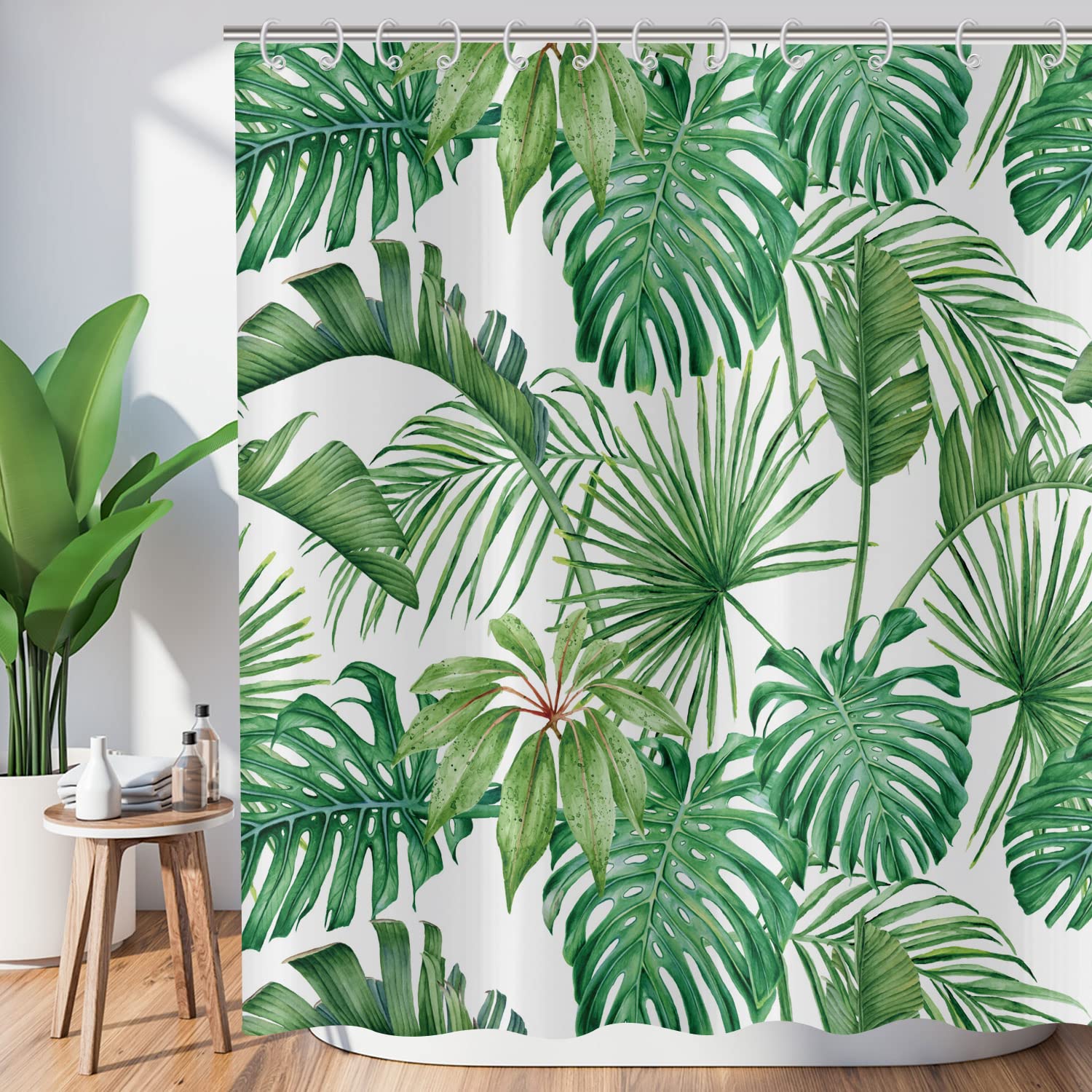 Hnmdmyi Tropical Leaf Shower Curtain 90x180, Green Palm Leaves Shower Curtains Jungle Plant Botanical Bathroom Curtains with Hooks Waterproof Polyester Fabric Washable Bath Curtains for Wet Room — image 1