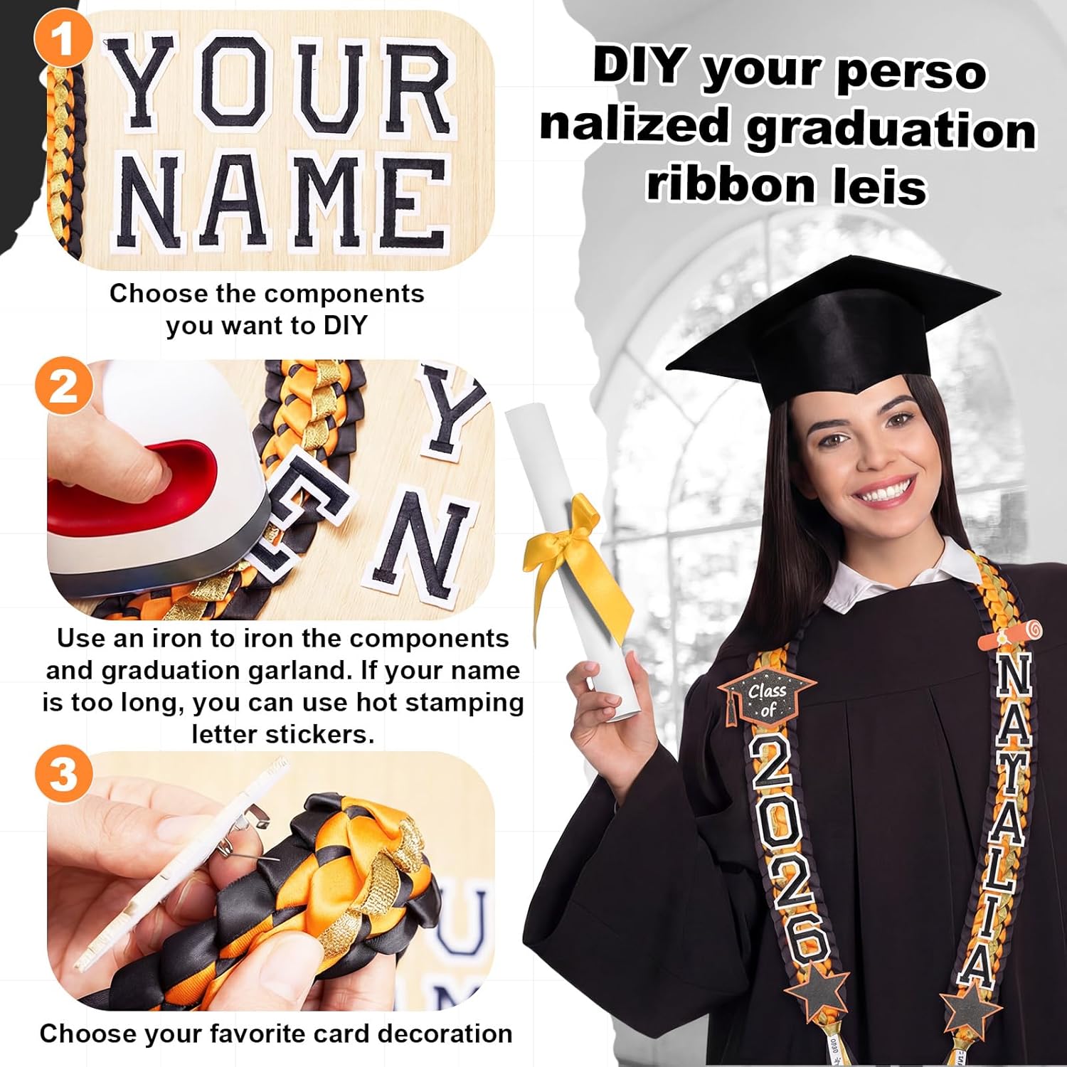 Juexica Graduation Lei Class of 2026, Graduation Ribbon Money Lei Personalized DIY Name Braided Necklace for Women Men Congrat Grad Party Gift Accessories(Orange and Black,1 Set)