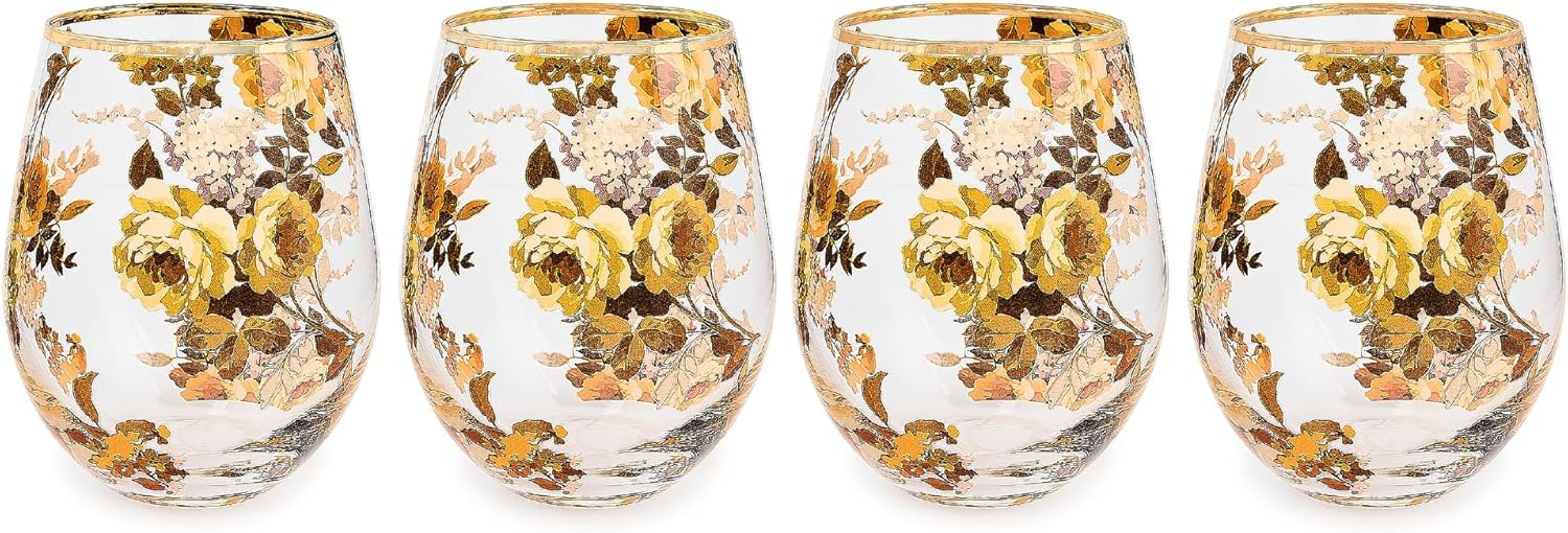 MACKENZIE-CHILDS Set of 4 Stemless Wine Glasses, Decorative Wine Glasses, Wild Rose