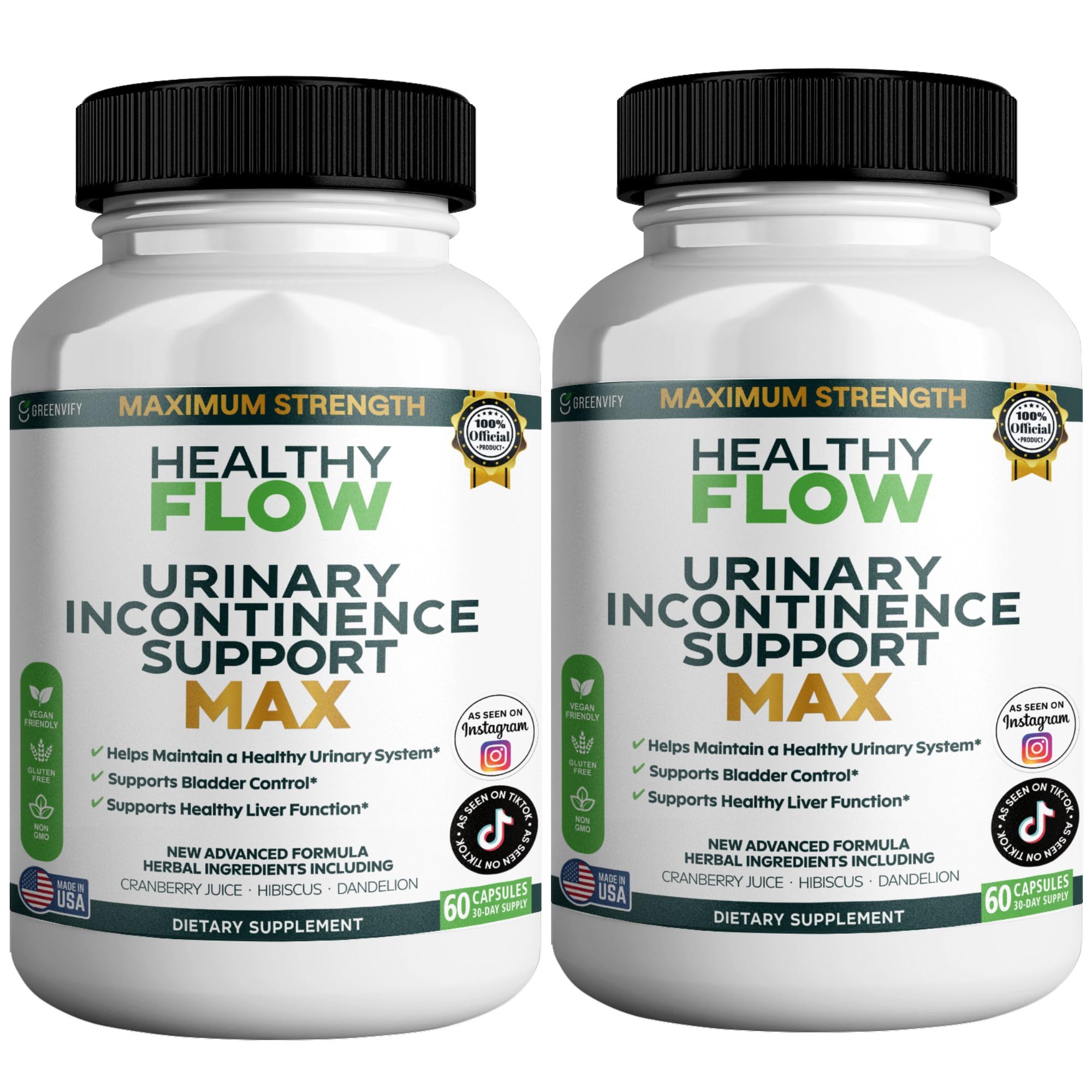 Healthy Flow Urinary Incontinence Support Max, 60 Veggie Capsules, Cranberry Juice Hibiscus Dandelion Formula, 30 Day Supply (2)