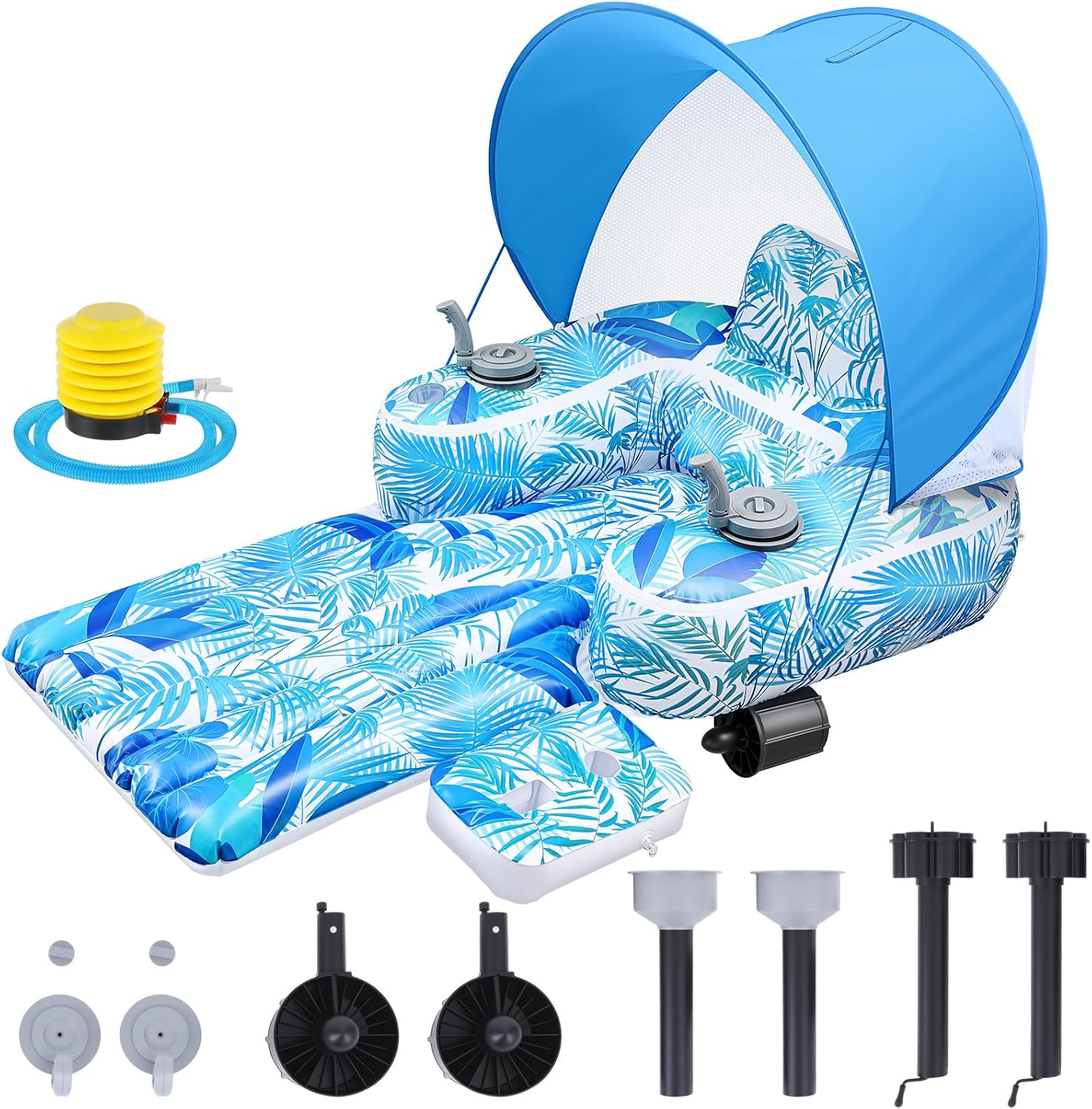 ShinyRelief Motorized Pool Float for Adults with Detachable Canopy, Electric Inflatable Lounge Chair with Dual Thrusters Cup Holders Foot Pump for Pool Backyard Parties Lake