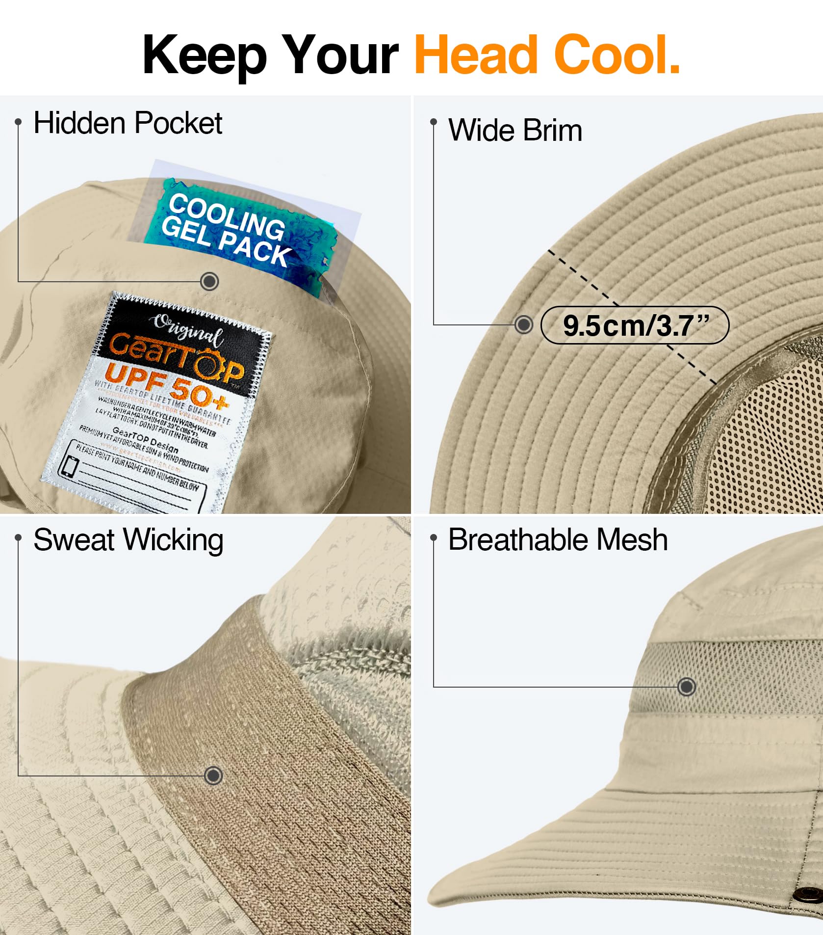 Sombrero de pesca UPF 50+ sombrero de ala ancha para hombres y mujeres, sombreros de pescador para hombre con protección UV para senderismo, sombreros de playa, Caqui 3
