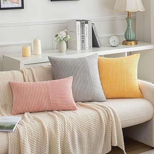 Miniatura 6 de AQOTHES Juego de 2 fundas de almohada de pana a rayas grises de 20 x 20 pulgadas, cojines cuadrados decorativos para sofá, cama, sala de estar,