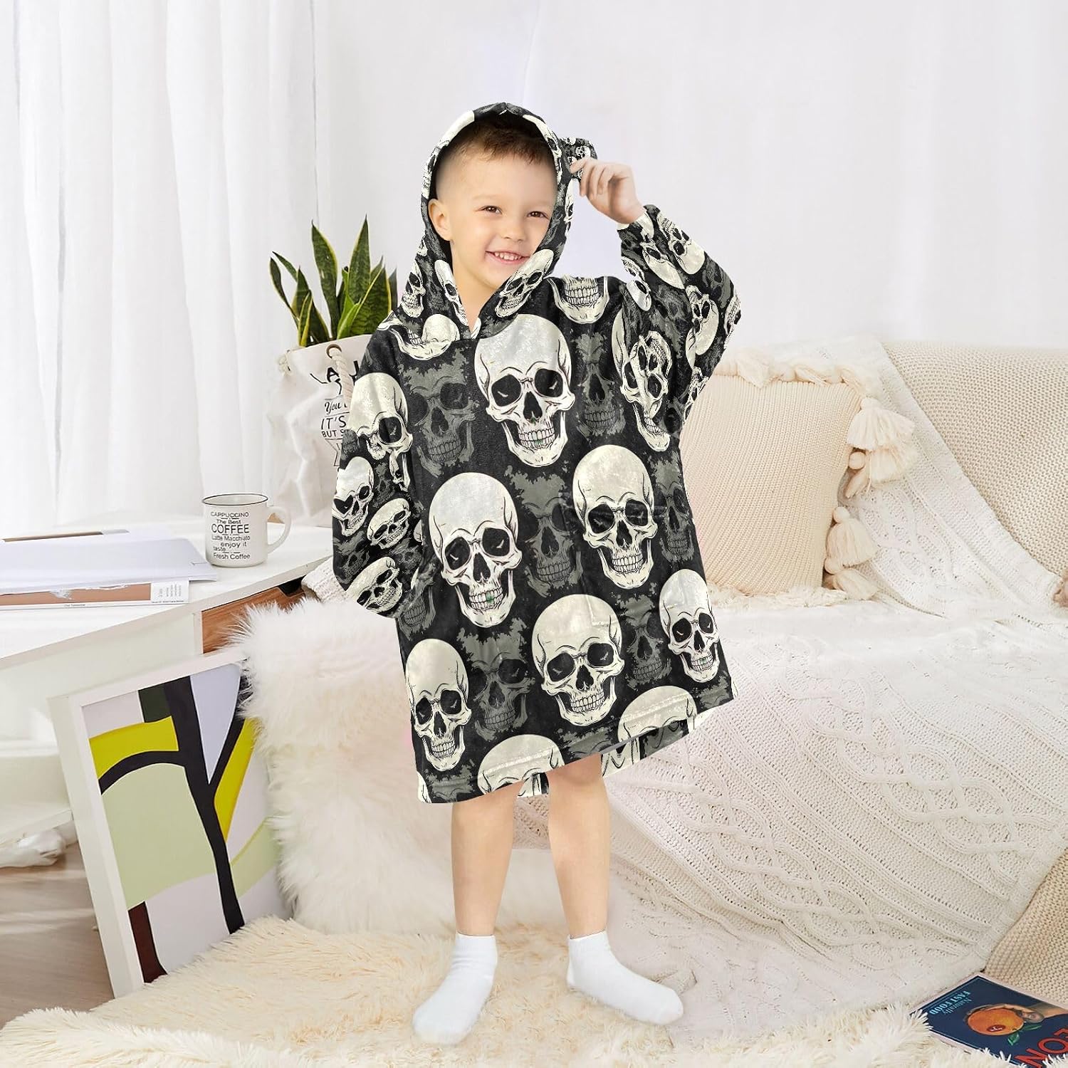 Kigai Skull Wearable Blanket Hoodie for Kids Oversized Hooded Sweatshirt Flannel Blanket with Pocket