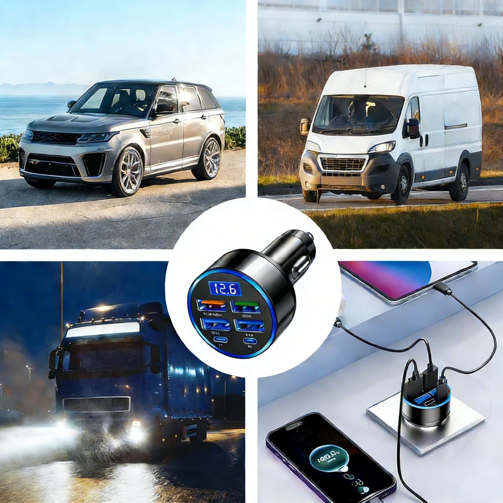 LED USB Car Charger Adapter 6 In 1, 6-Port 12/24V Fast USB Car Charger, 2 Type-C Ports Plus 4 USB Ports Cigarette Lighter USB Charger with Led Voltmeter, Compatible with Most Mobile Phones — view 9