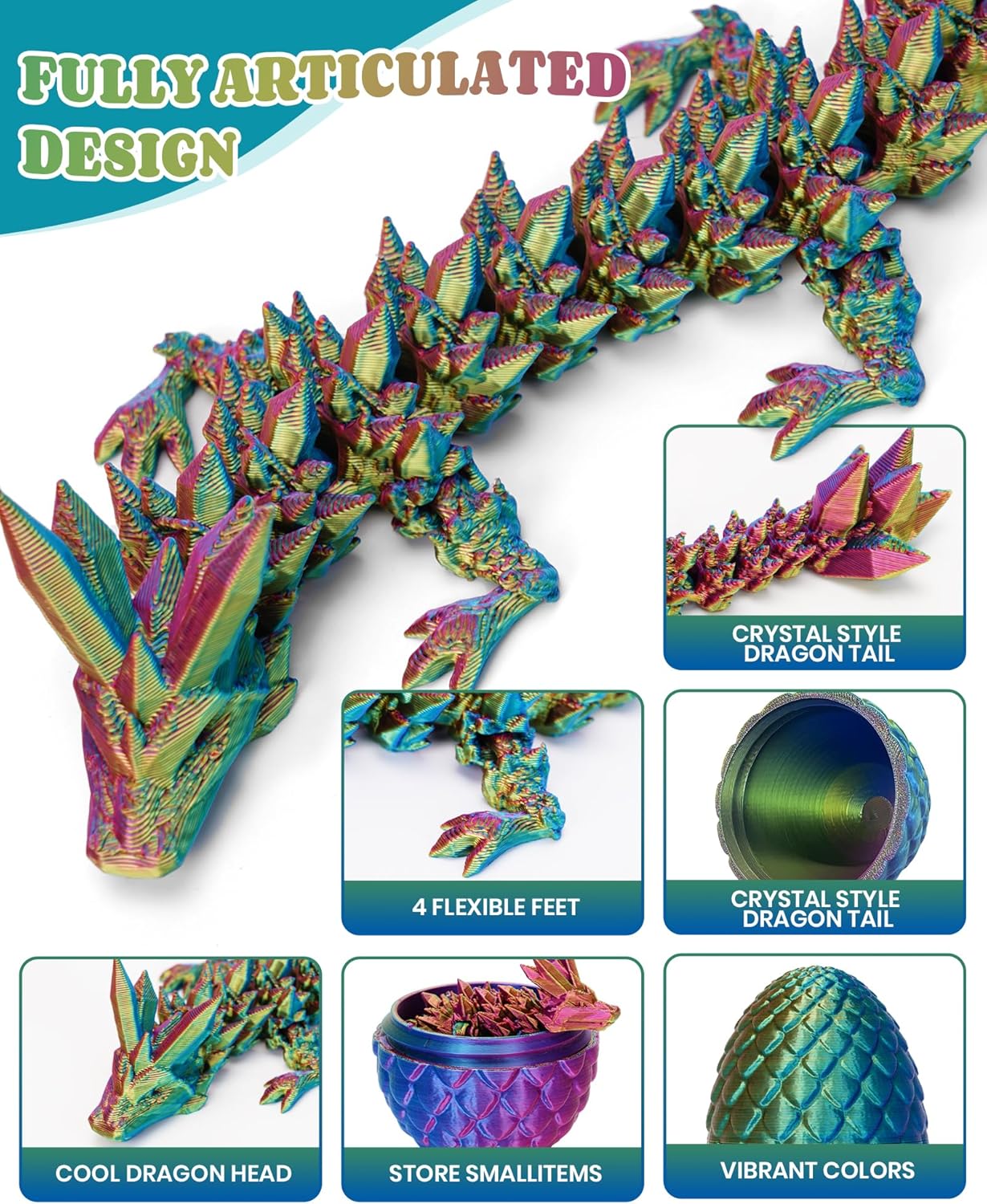 12" 3D Printed Dragon Easter Eggs with Dragon Inside, Prefilled Easter Dragon Egg with Dragon Toy for Basket Stuffers,Articulated Crystal Dragon Fidget Toy, 3D Printed Easter Gifts for Kids 6-8