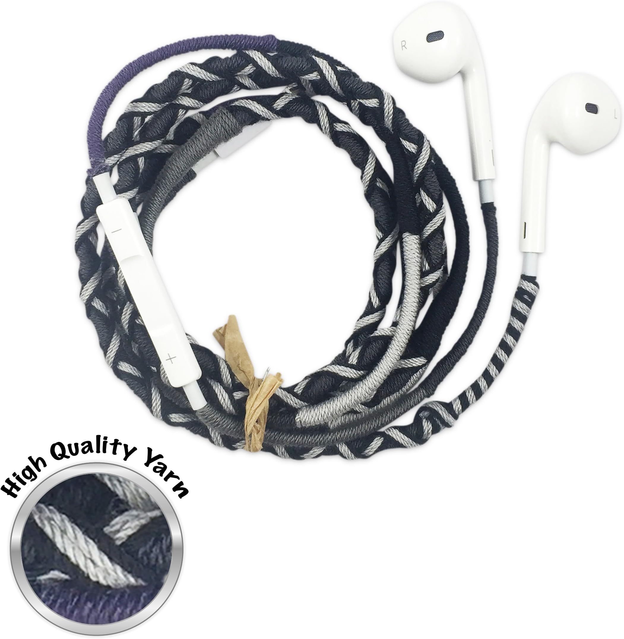 Durable Earbuds Cute Colorful with Volume Control Wrapped Handmade Cool Youth Design Earphones Black White by OrangePenguin (with Microphone)