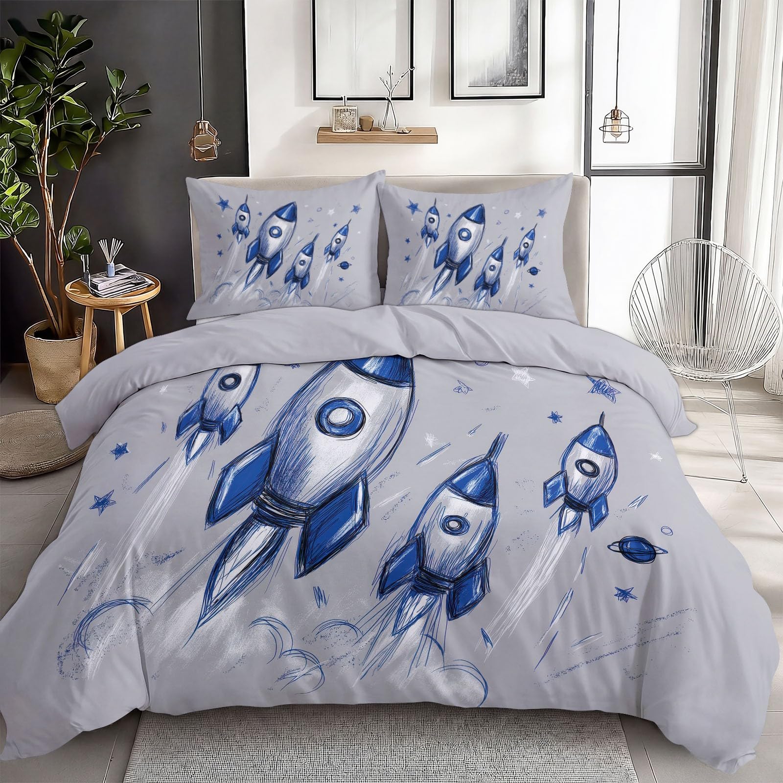 Set copripiumino matrimoniale con illustrazione disegnata a mano, 3 pezzi, morbida microfibra spazzolata, grigio, con 2 federe, 200 x 200 cm