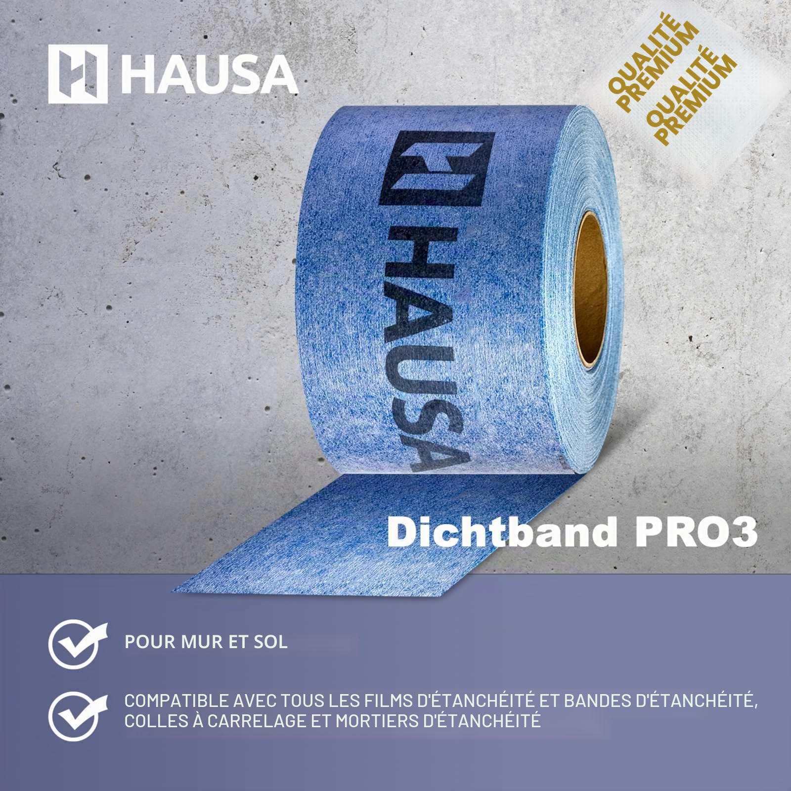 Hausa Ruban d'étanchéité PRO3 pour carrelage - 120 mm de large - Étanche - Pour l'intérieur et l'extérieur - Pour pièces humides, sanitaires, salle de bain, douche, terrasse, balcon, 50 m