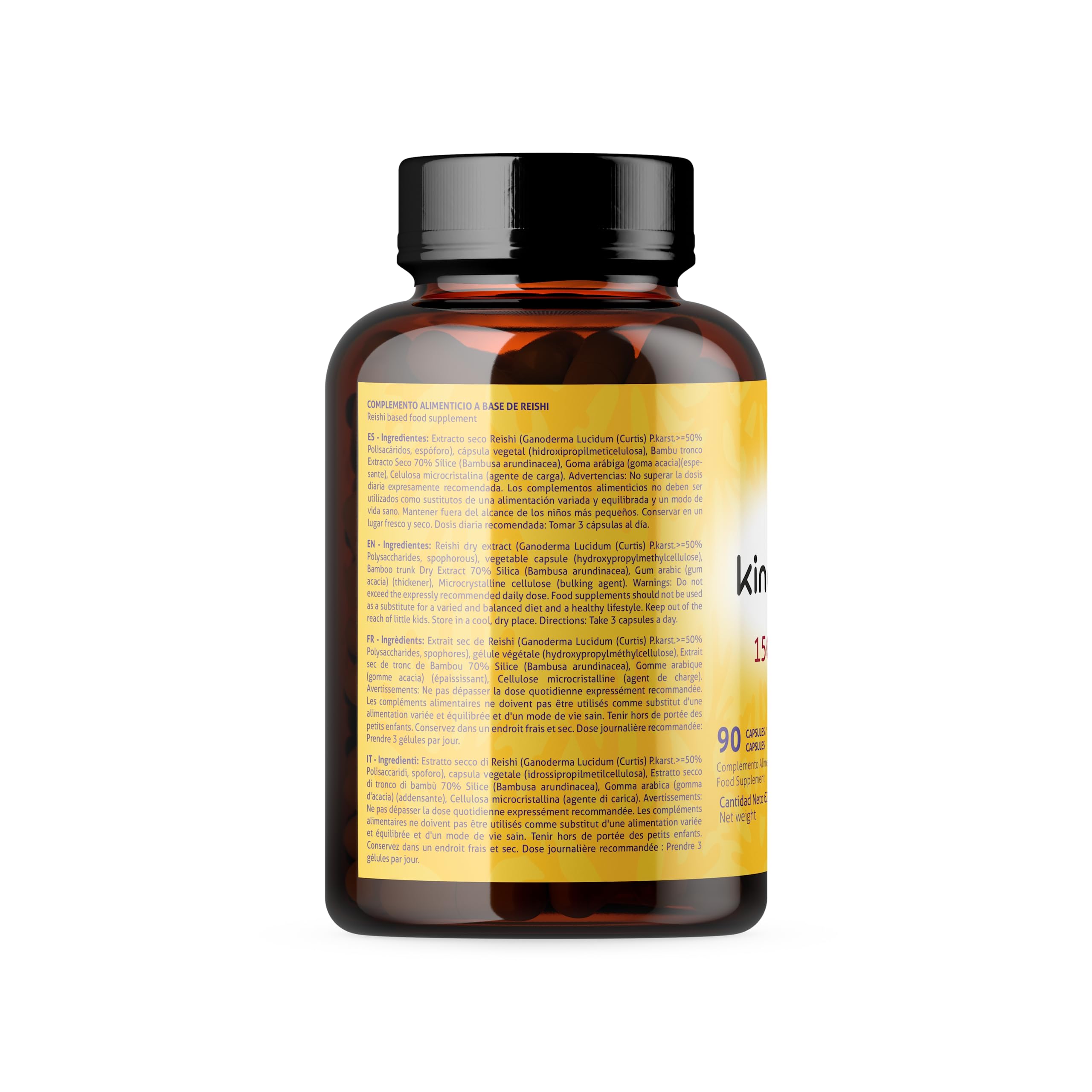 Reishi Puro Cápsulas 1500 mg Ganoderma Lucidum Rojo Extracto Concentrado 20:1 con 50% Polisacáridos Beta Glucanos 90 Cápsulas Veganas. KinokoReishi