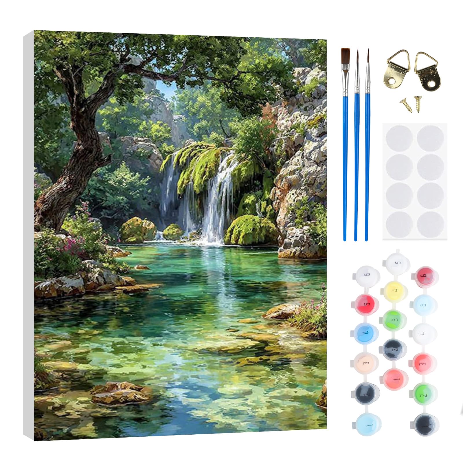 RICUVED Waterfall Painting by Number Kits for Adult, DIY Landscape Canvas Oil Painting Kit for Kids or Beginner with Paint Brushes Acrylic Pigment Drawing Paintwork with Wooden Frame 20x30cm