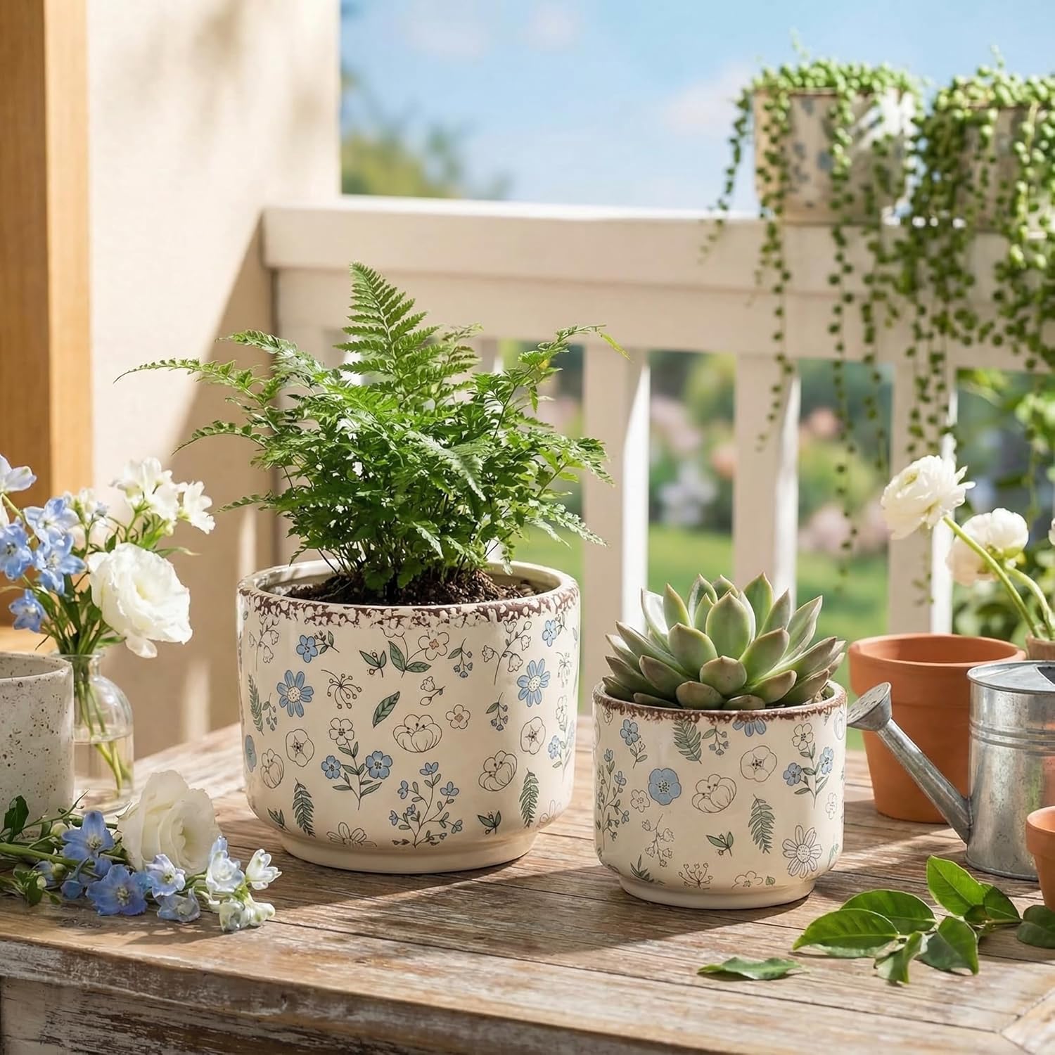 Ice Crack Plant Pots with Drainage, 6 & 7 inch Ceramic Planters for Indoor Outdoor Plants, Set of 2 Vintage Flower Pots, Rustic Tuscan Decor for Gardening, Kitchen Bedroom, Blue & Beige