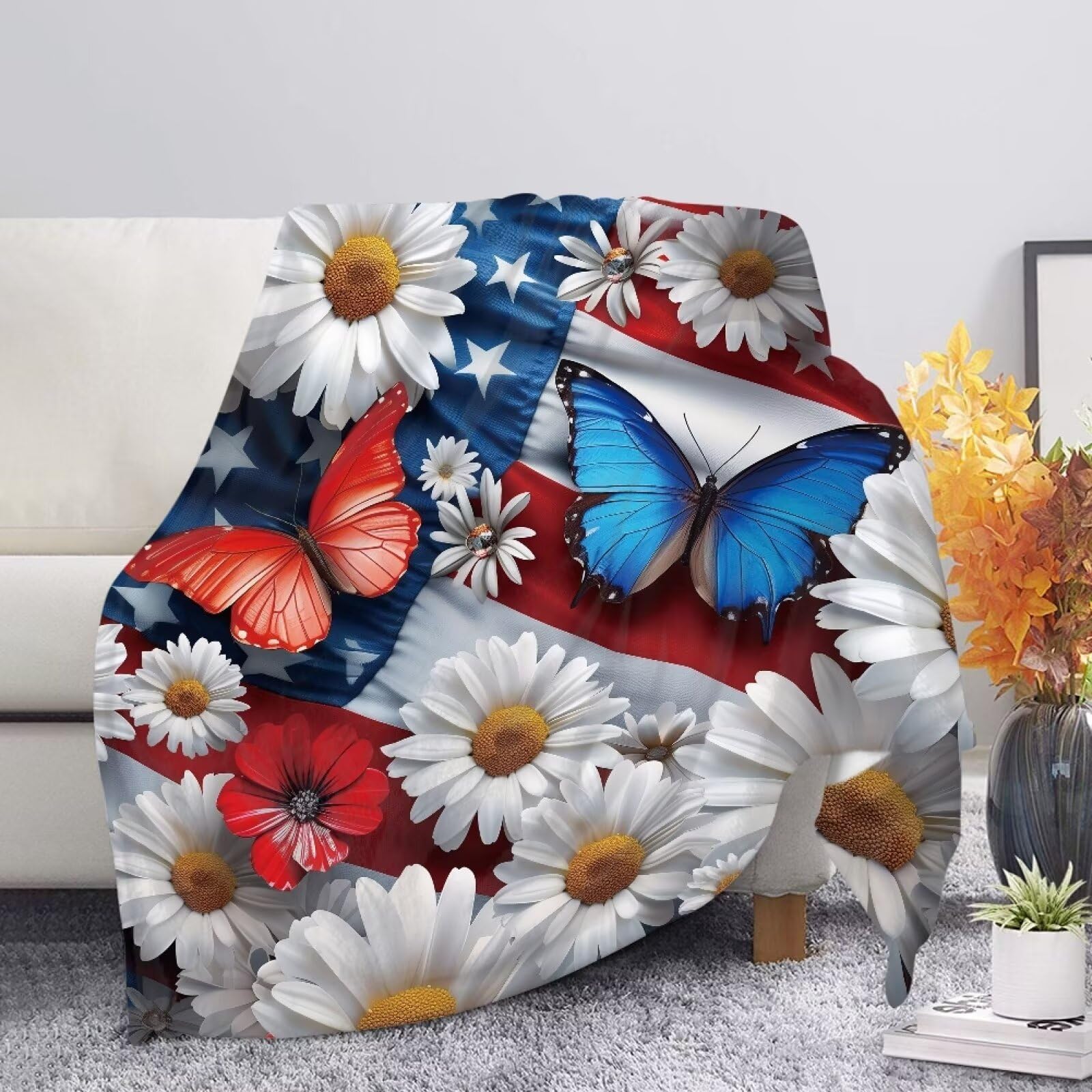 Allcute American Flag Daisy Throw Blanket for Couch Sofa Throws Fluffy Soft Winter Fall Blanket Home Decor Living Room Blue Throw Blankets