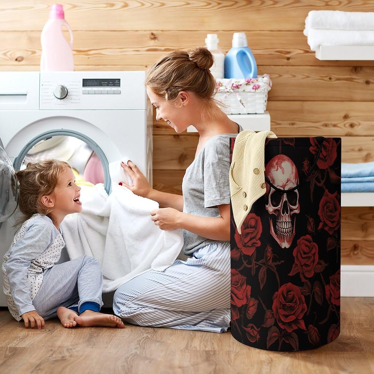 Skull Rose Laundry Hamper Freestanding Waterproof Clothes Hamper with Easy Carry Handles Large Collapsible Laundry Baskets Portable Dirty Clothes Basket