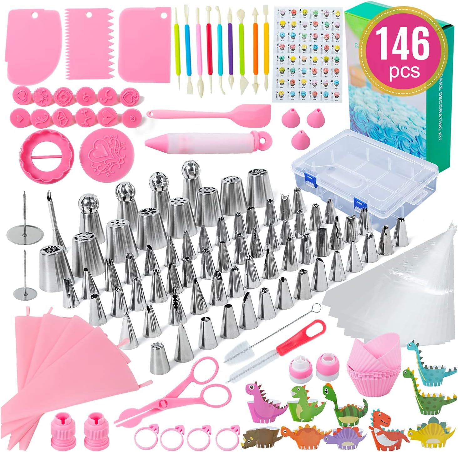 146 PCS All-in-One Cake Decorating Supplies Kit with Numbered Icing Tips Russian Korean Nozzles Spatula Scraper Fondant Molds Piping Bags Pattern Chart Baking for Beginners