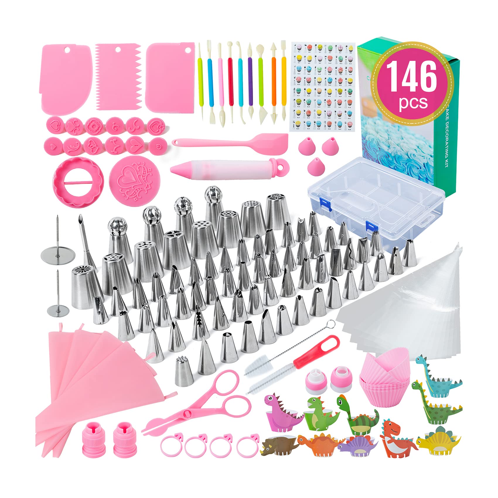 146-teiliges Kuchendekorationsset, nummerierte Spritztüllen, russisch-koreanische Blätter, Gras, Creampuff-Düsen, Spatel, Schaber, Halter, Kupplungen, Fondantformen, Spritzbeutel, Backen für Begi