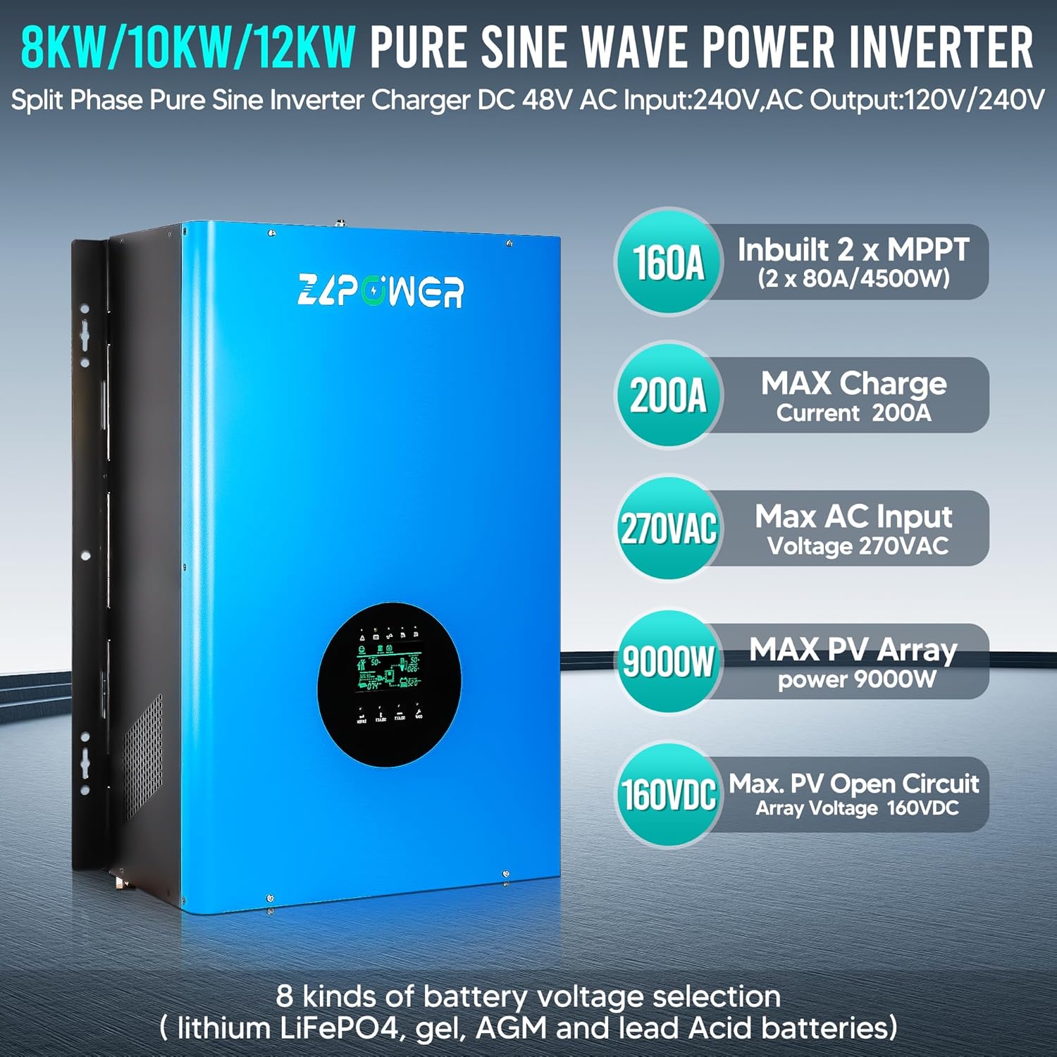 Inverter specifications including 160A inbuilt MPPT, 200A max charge current, 270VAC max AC input, 9000W max PV array power, 160VDC max PV open circuit array voltage, and 8 kinds of battery voltage selection.