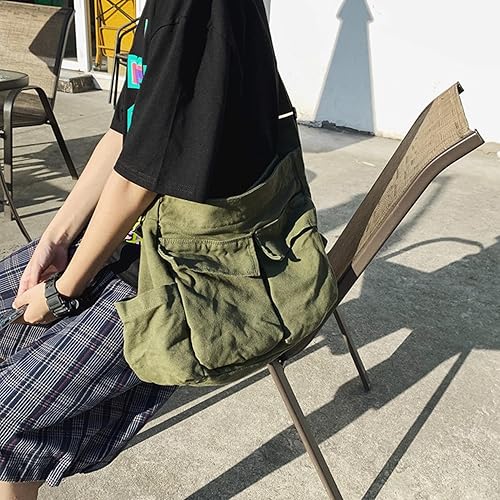 Miniatura 5 de Bolsa de mensajero de lona, bolsa de mensajero vintage con múltiples bolsillos, bolsas casuales grandes, bolsa de ocio de hombro para mujeres,