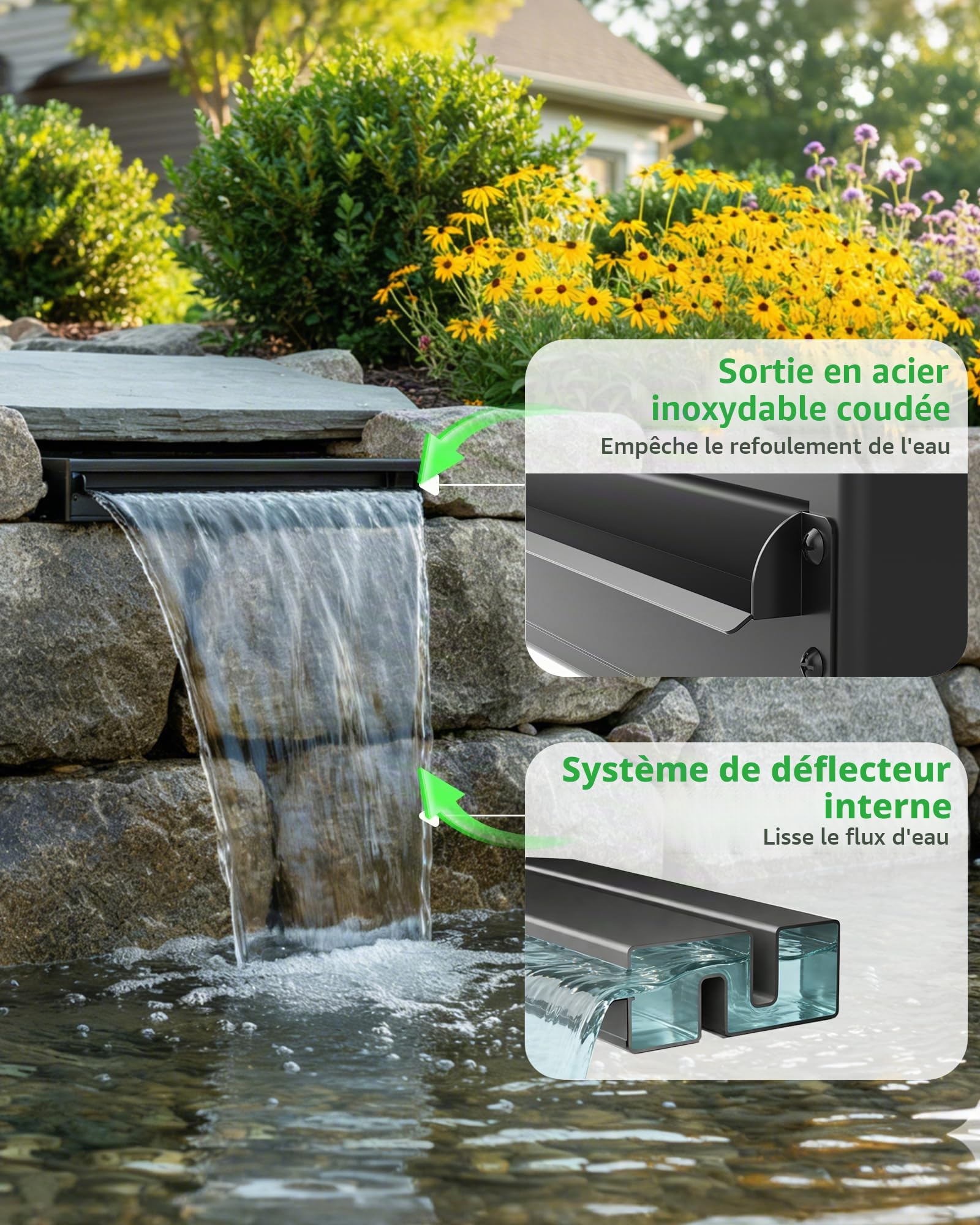 POPOSOAP Kit de Cascade de Bassin, Déversoir 58 cm Tout-en-Un avec Pompe Submersible 6000 L/H, boîtier filtrant et Tuyau, pour Bassin de Jardin, Bassin à Poissons et décoration Aquatique | Cascade de bassin avec pompe submersible de 6000 l/h, cage filtran