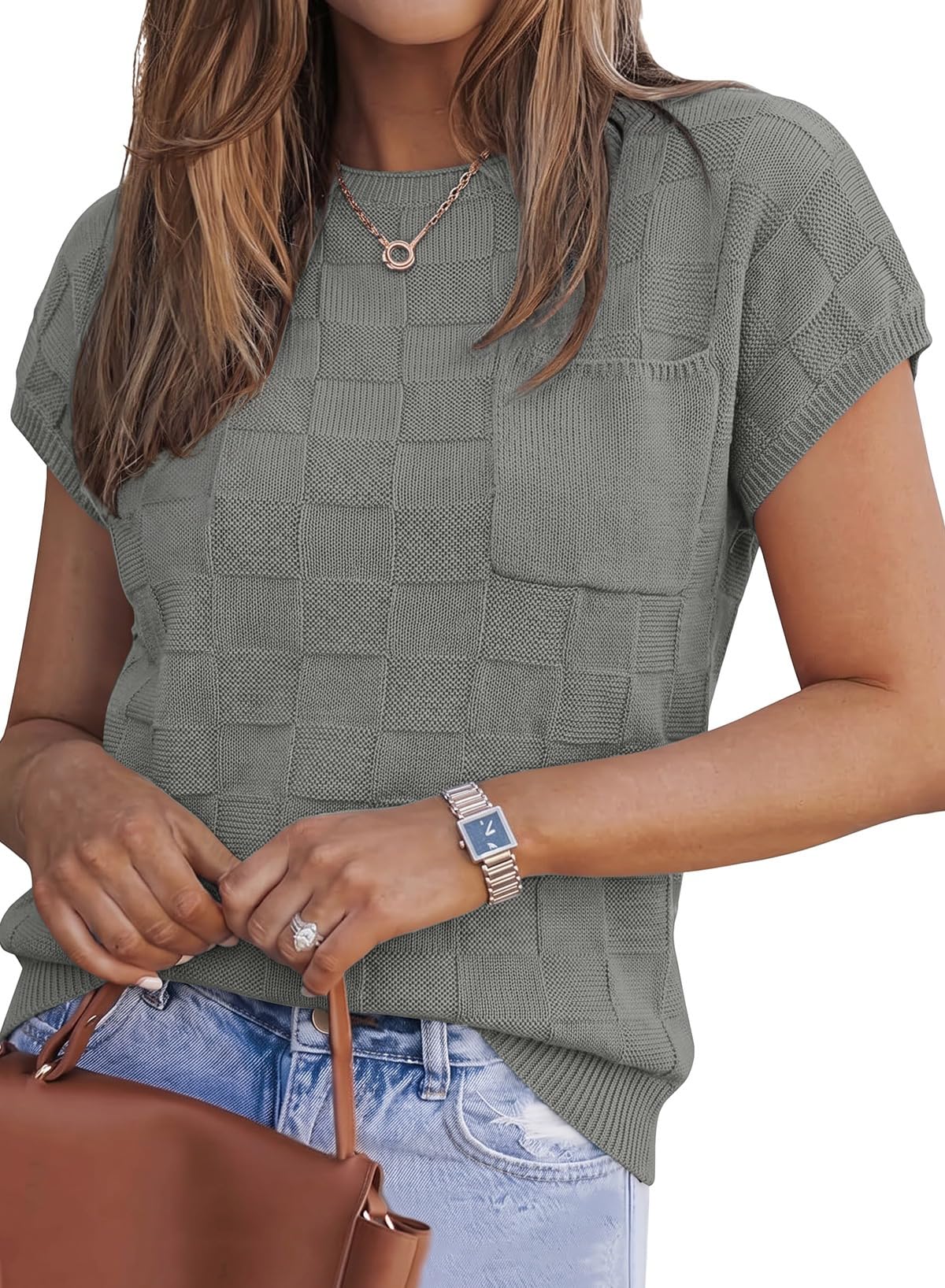 SHEWIN Womens Fall Tops for Women Casual Crewneck Short Sleeve Shirts Cap Sleeve Knit Sweater Vest Summer Tops