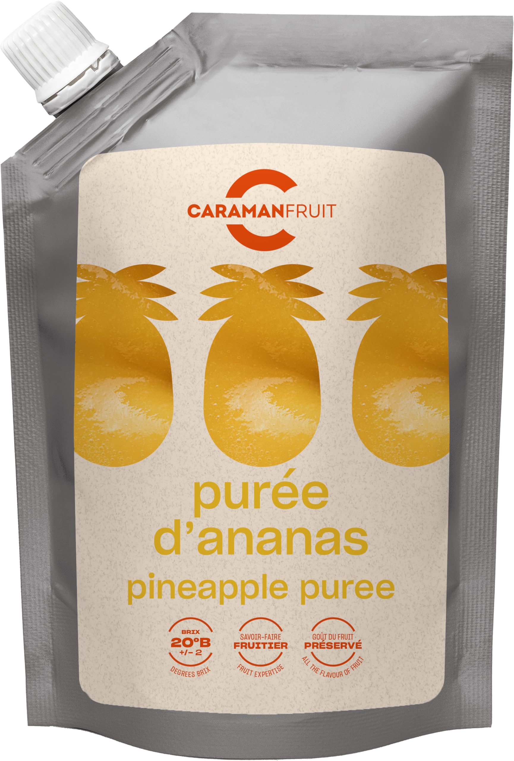 Caramanfruit Ananas-Frucht-Püree - 4x 1kg - tropisch exotisches Piña-Püree, frei von Farb- und Konservierungsstoffen, zu Smoothies, Chutneys, zur Herstellung von Cocktails, Säften und Schorlen