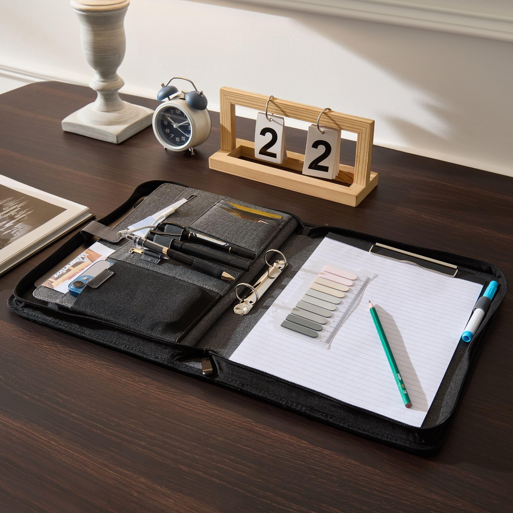 AMKSONS A4 Konferenzmappe mit Reißverschluss & 2-Ringbuch – Schreibmappe A4 mit Tabletfach, Klemmbrett, Notizblock, Kartenfächer – Stoff Dokumentenmappe, Ringmappe Organizer DIN A4 Schwarz